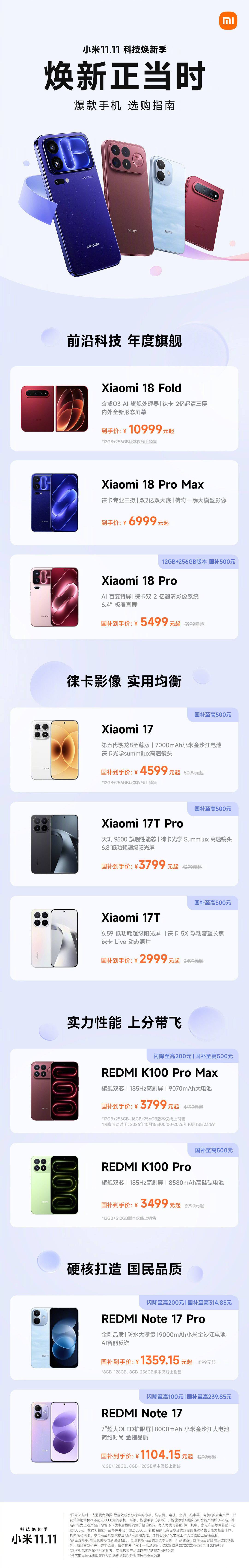 #小米双11# 爆款手机选购指南来啦！
年度旗舰、实用影像、满血性能
各价位段热门机型 总有一款适合你
#科技焕新季# 手机焕新不用等
现在入手更划算！你最心仪哪一款？
带话题 #小米双11##科技焕新季# 
转赞评 抽1个小米充电宝 磁吸自带线 10000 45W ​