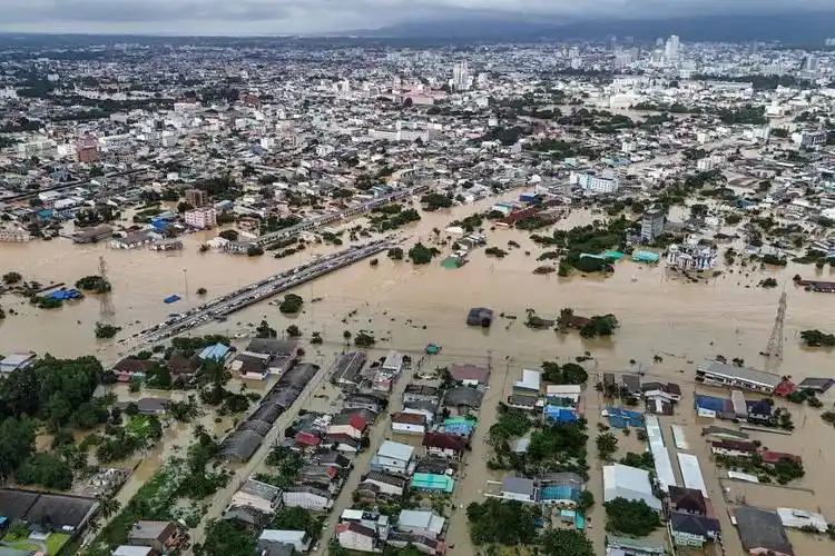 整个曼谷泡在水里，年轻人泡在奶茶里。

9月25日，曼谷近48小时降雨量逼近300毫米，较常年同期翻倍，全市被宣布为洪水灾区，6.6万余人受灾，2人死亡。

同一天，喜茶泰国首店在曼谷开业，顾客暴雨中排队3小时，前方一度要等700个号。

同一座城市，有人划着船撤离，有人踩着水排队买奶茶。这两幅画面