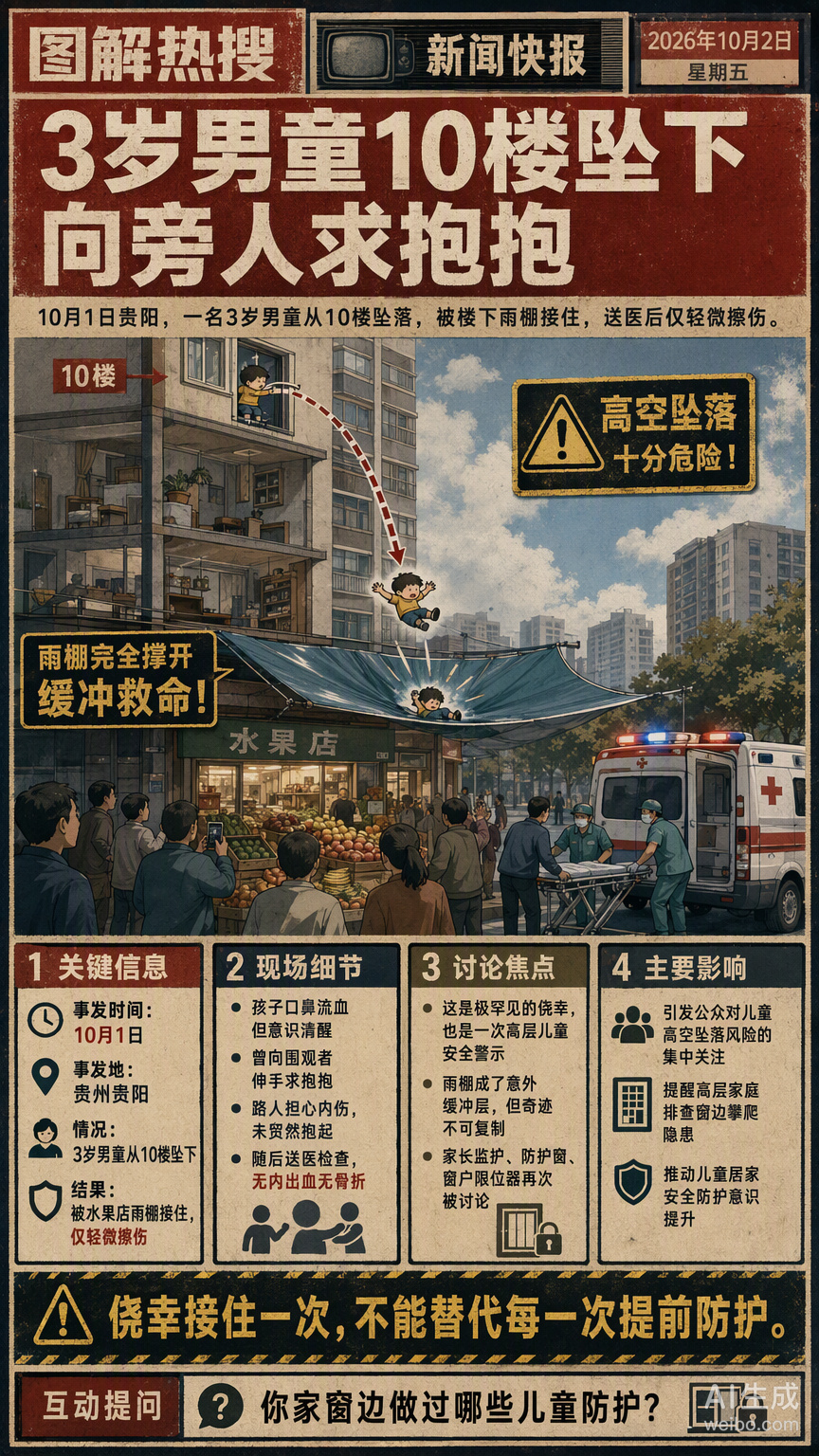 #3岁男童10楼坠下向旁人求抱抱#孩子从10楼坠落，最终被楼下水果店撑开的雨棚接住，仅受轻微擦伤。这种“不幸中的万幸”，在系统逻辑里更像是一个未被预设的硬件冗余意外生效了。在现代高层建筑的架构设计中，防护窗、限位器本该是阻止异常坠落的底层防火墙，但在很多家庭的实际运行环境里，这些安全接 ​