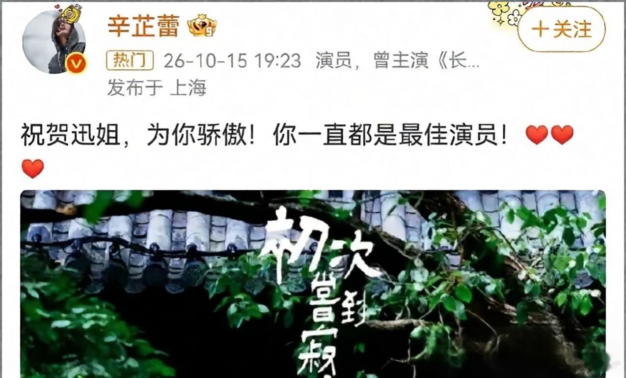 10月15日一条温暖的动态刷屏了社交平台。
在得知周迅拿下釜山国际电影节最佳演员奖之后，辛芷蕾难掩心中的喜悦与骄傲，第一时间在社交平台发文送上祝福 。
简简单单一句话，滚烫又真诚：
“祝贺迅姐，为你骄傲！你一直都是最佳演员！”字里行间，完全是发自心底的开心，没有客套的敷衍，只有由衷的欣赏 ​