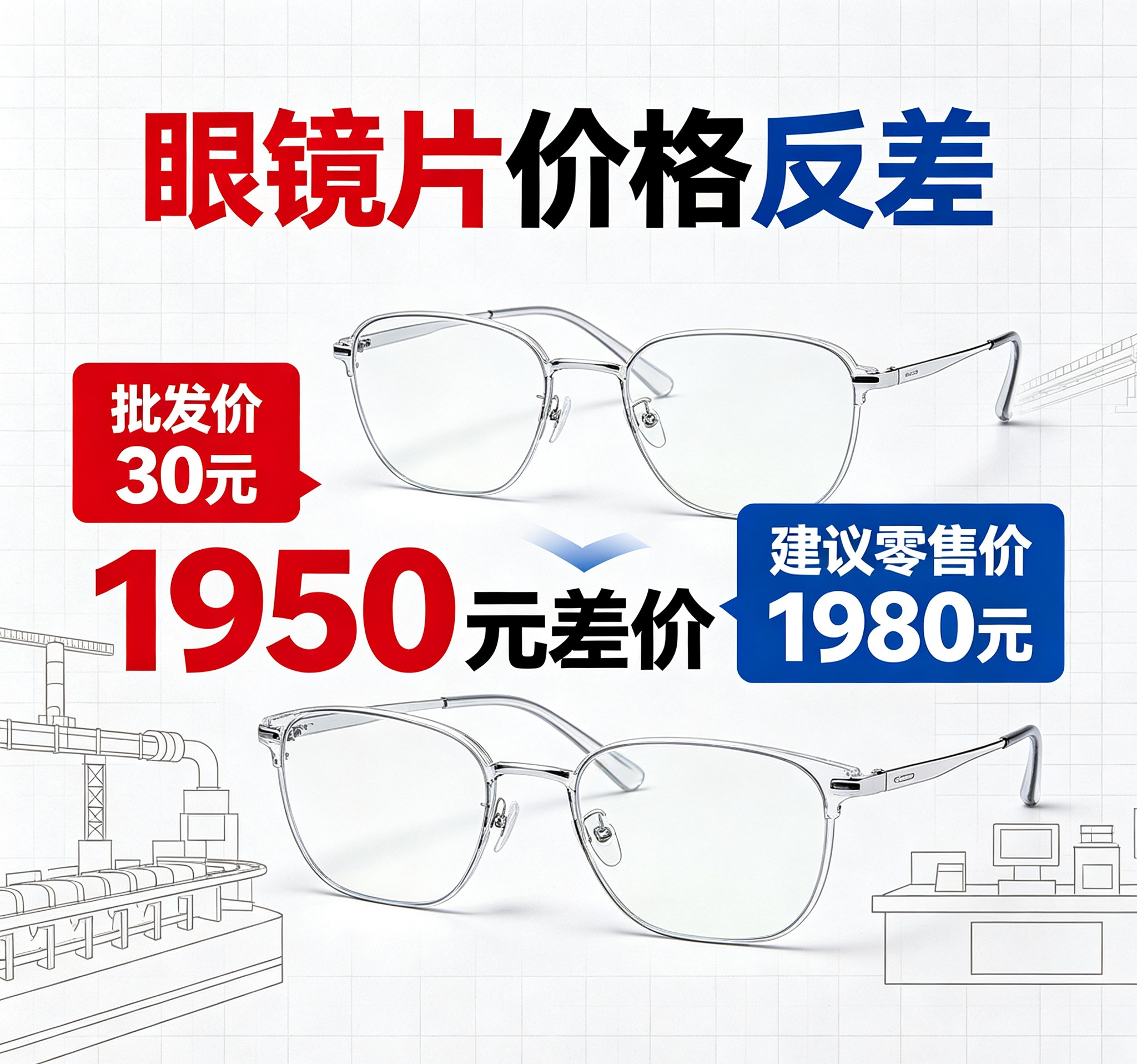 惊天内幕！标价1980元的眼镜片，批发价仅30元，原来我们一直被坑了
 
配眼镜，几乎是每个人的刚需，尤其是家里有近视孩子的家长，更是逃不开这项高额消费。走进任意一家眼镜店，随便一副品牌防控镜片，标价动辄一千多、近两千元。店员总会极力推销：这款是高端防控镜片、进口工艺、能控制度数加深、耐磨防蓝光，贵