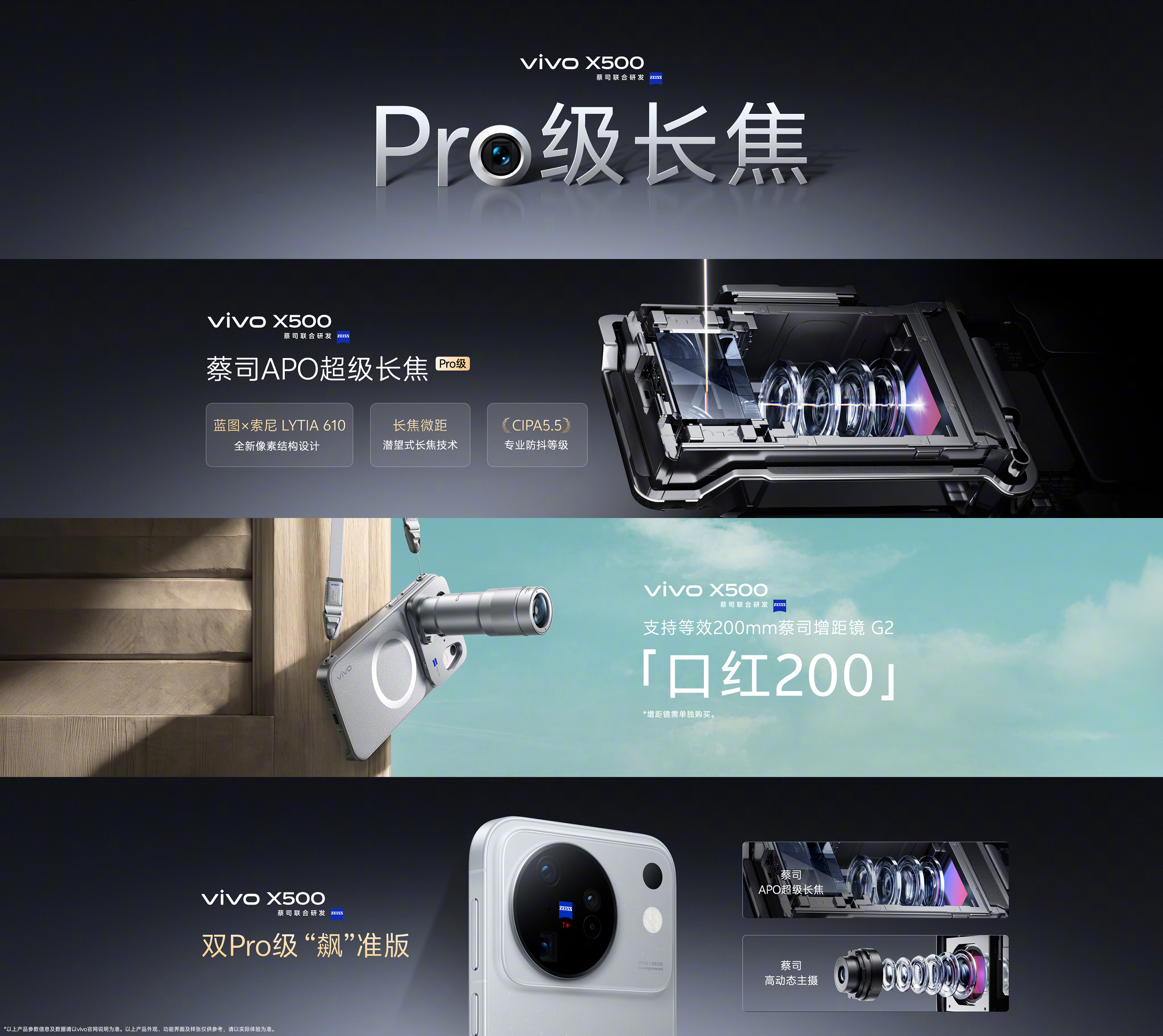 【#vivo X500系列#标准版影像及总结】
主摄及长焦｜标准版主摄和长焦双双升级「pro」级体验：主摄首发蔡司高动态主摄，采用蓝图×索尼 LYT-828，突破 X 系列标准版记录。包括蓝图影像芯片 V3+、电影感视频拍摄、给标准版 Pro 级主摄体验；X500 蔡司 APO 超级长焦，首发蓝图×索尼 LYT-610 传感器，达到蔡 ​