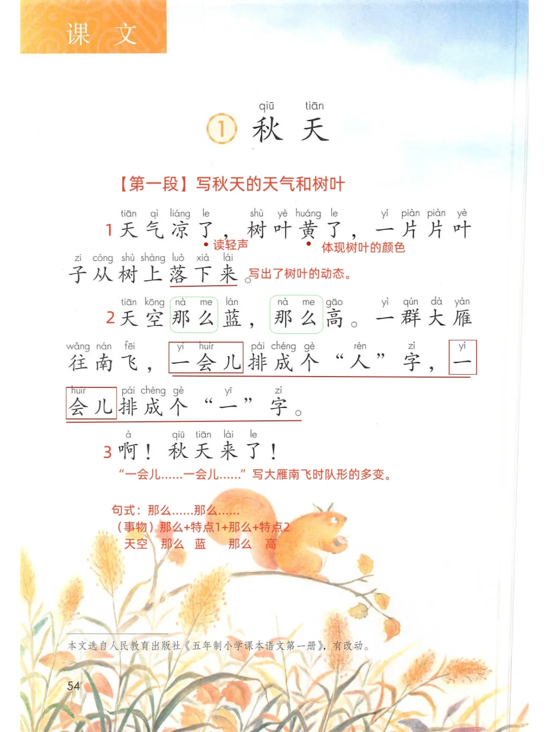 一年级语文《秋天》课堂笔记