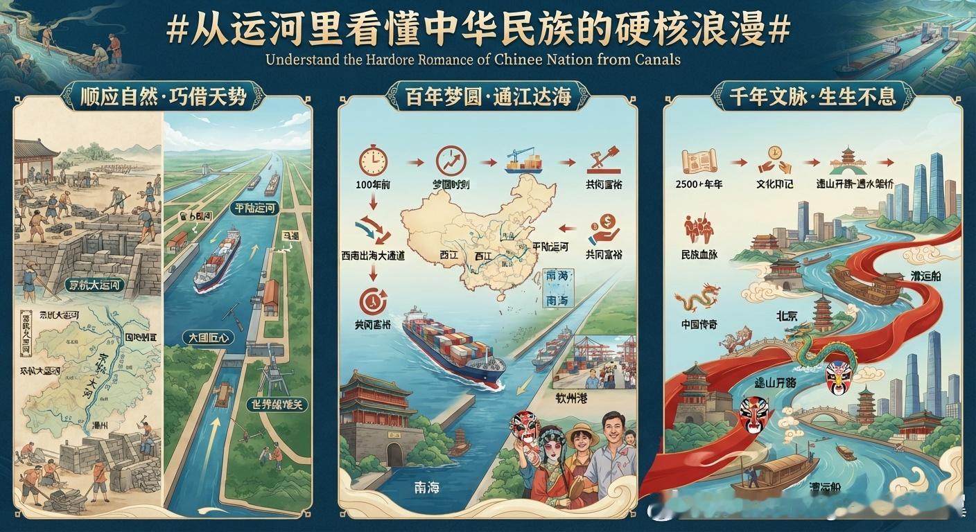 #从运河里看懂中华民族的硬核浪漫# 江河相通，山海相连。从两千多年前沟通南北的京杭大运河，到如今百年来“通江达海”之愿一朝梦圆、正式建成通航的平陆运河，中国人对于“挖运河”的执着与浪漫，从来不是一时兴起，而是刻在民族血脉里的文化基因。

从古代的立水闸、分水引流，到现代平陆运河建设中 ​