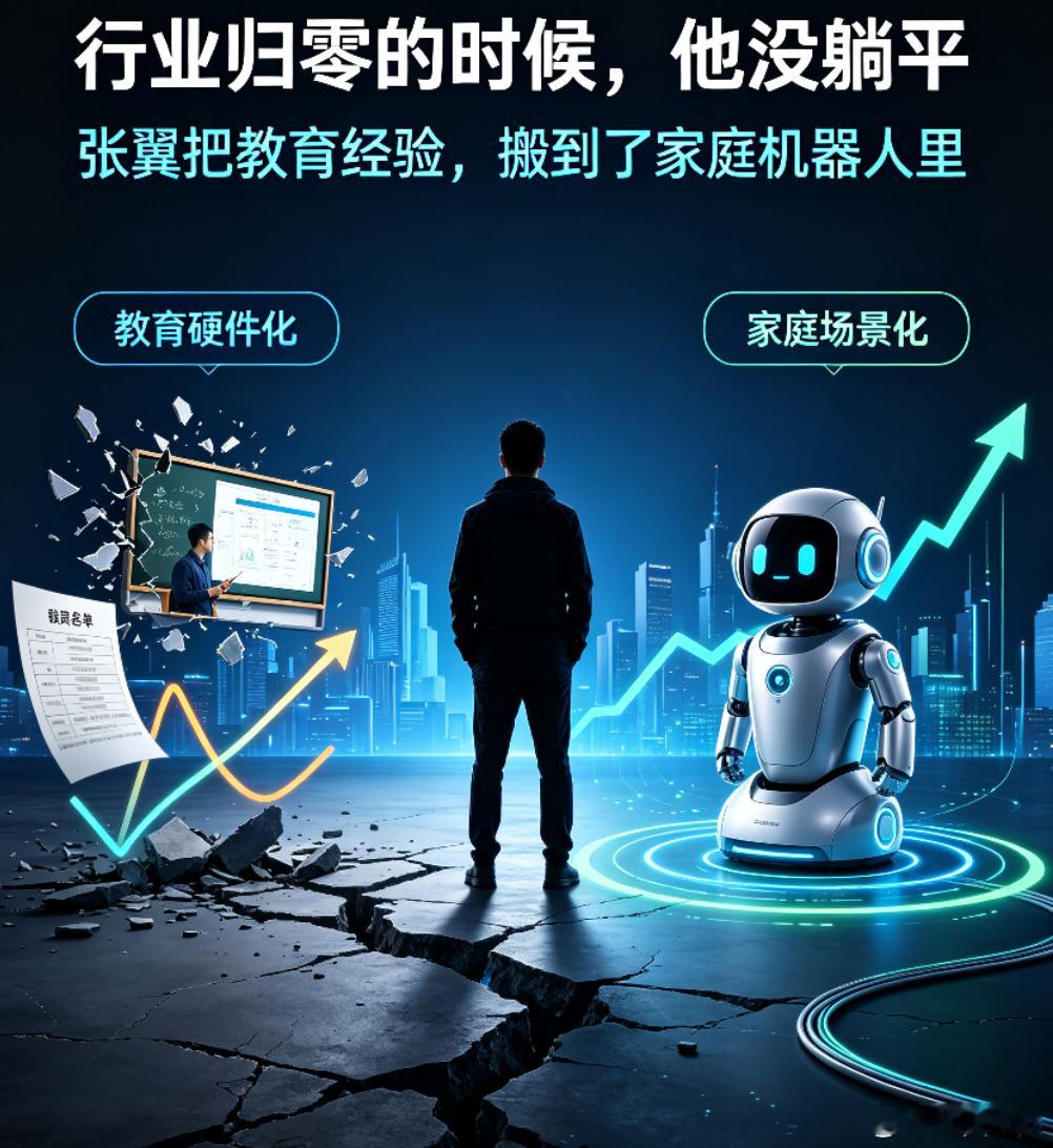 前掌门教育CEO张翼，把近10亿砸向了家庭保姆机器人。

双减时他3个月裁了10万人。朋友劝他搞AI补课，他没动。因为纯软件拼不过大厂，他直接选了硬件。

这步棋其实挺顺理成章。以前掌门解决脑子问题，现在机器人解决手和眼的问题。服务对象还是家庭，还是那6000万老用户。

最绝的是他的融资顺序。前三 ​