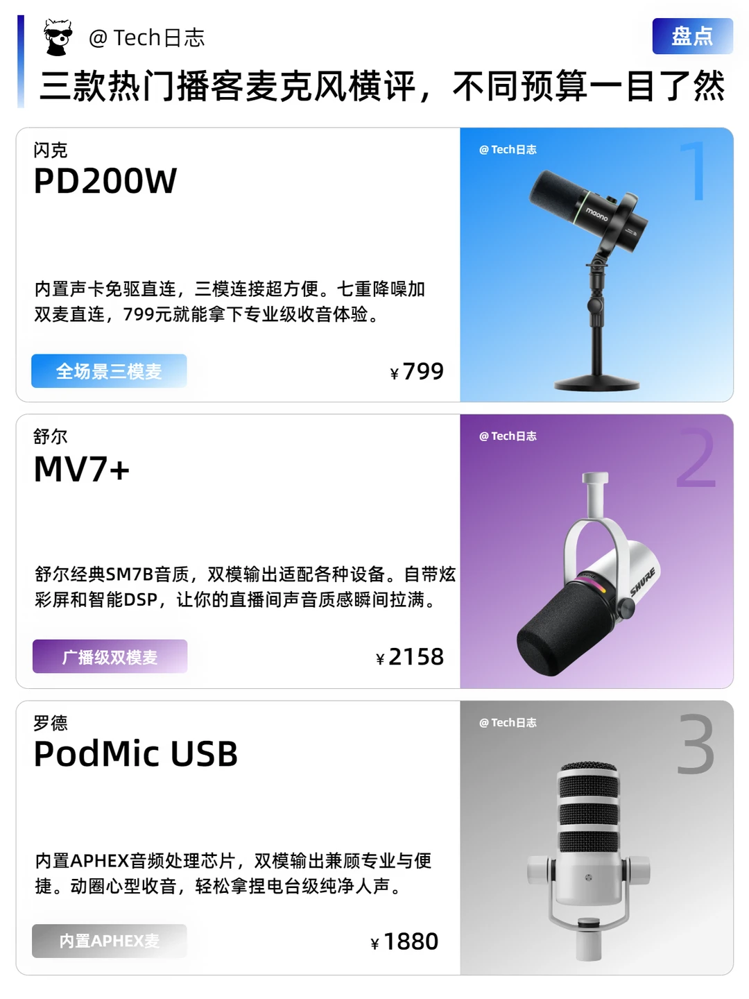 三款热门播客麦克风横评，不同预算一目了然