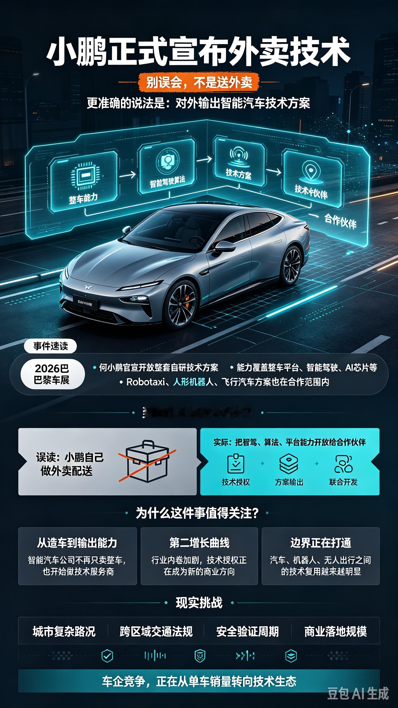 头小鹏官宣对外输出全套自研技术，中国车企思路变了

很多人刷到热搜“小鹏正式宣布外卖技术”，第一眼以为小鹏要下场送外卖，其实完全理解错了。

在2026巴黎车展现场，小鹏董事长何小鹏对外官宣，面向全球合作伙伴开放整套自研技术方案，业内形象称之为“技术外卖”。

过去小鹏的核心业务是卖智能电动车，而这