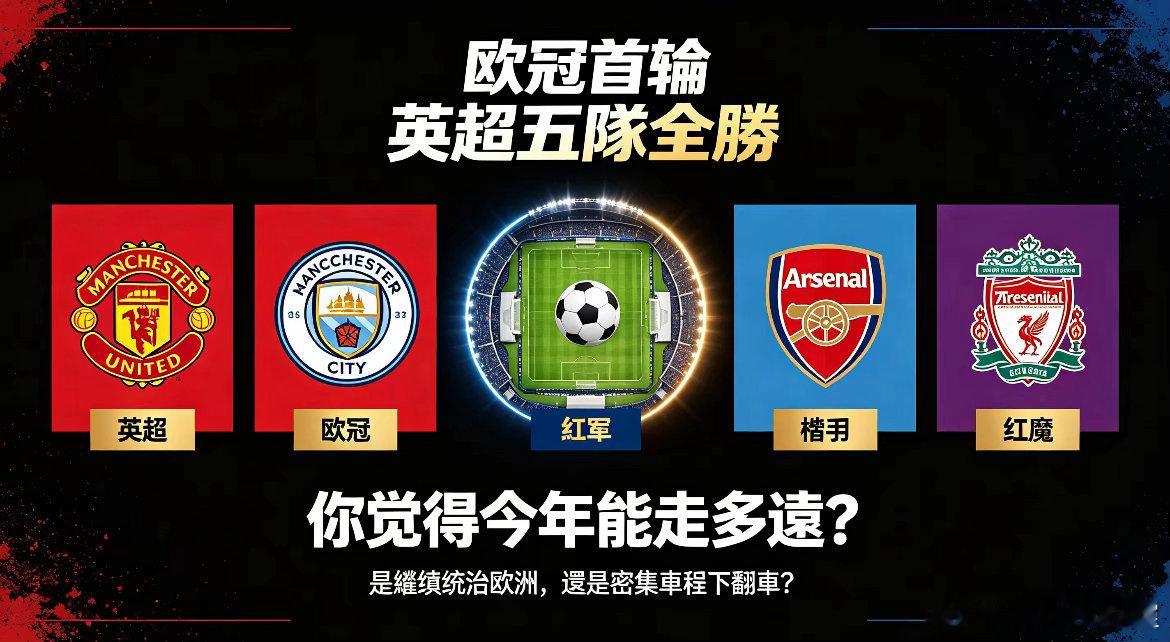 #英超[超话]#  欧冠首轮落幕，英超五支参赛队伍全部拿下胜利，其中曼联、曼城、阿森纳完成零封，利物浦、维拉也顶住压力拿下开门红。
欧冠赛场大杀四方，看起来风光无限，但接踵而至的是残酷的一周双赛。豪门要在短短几天内连续面对欧冠+英超的高强度对抗，伤病隐患、轮换难题会接踵而来。
那么问题来 ​