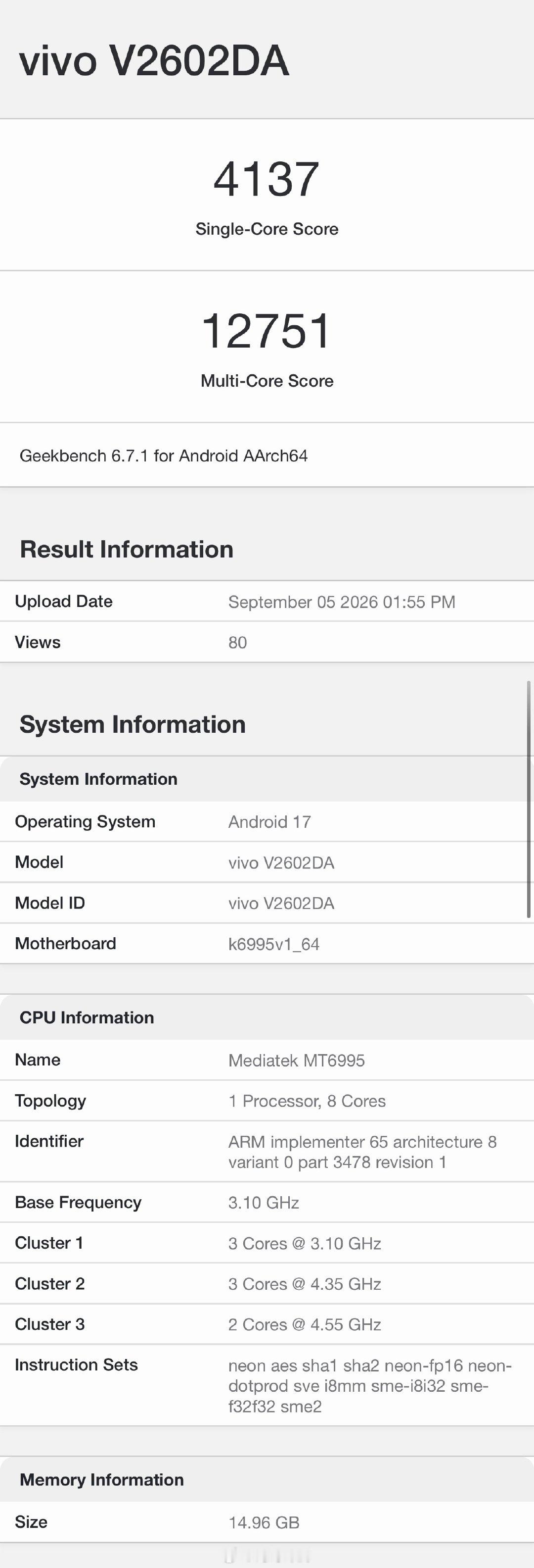 型号为 V2610DA 的 vivo 新机现身 Geekbench 跑分数据库，搭载的是天玑 9600 Pro 芯片，单核最高得分 4137 分、多核最高得分 13086 分。 ​
