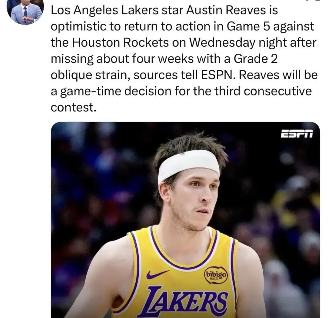 里夫斯这回算是把湖人球迷的心给吊起来了 前阵子还说他二级腹斜肌拉伤，得...