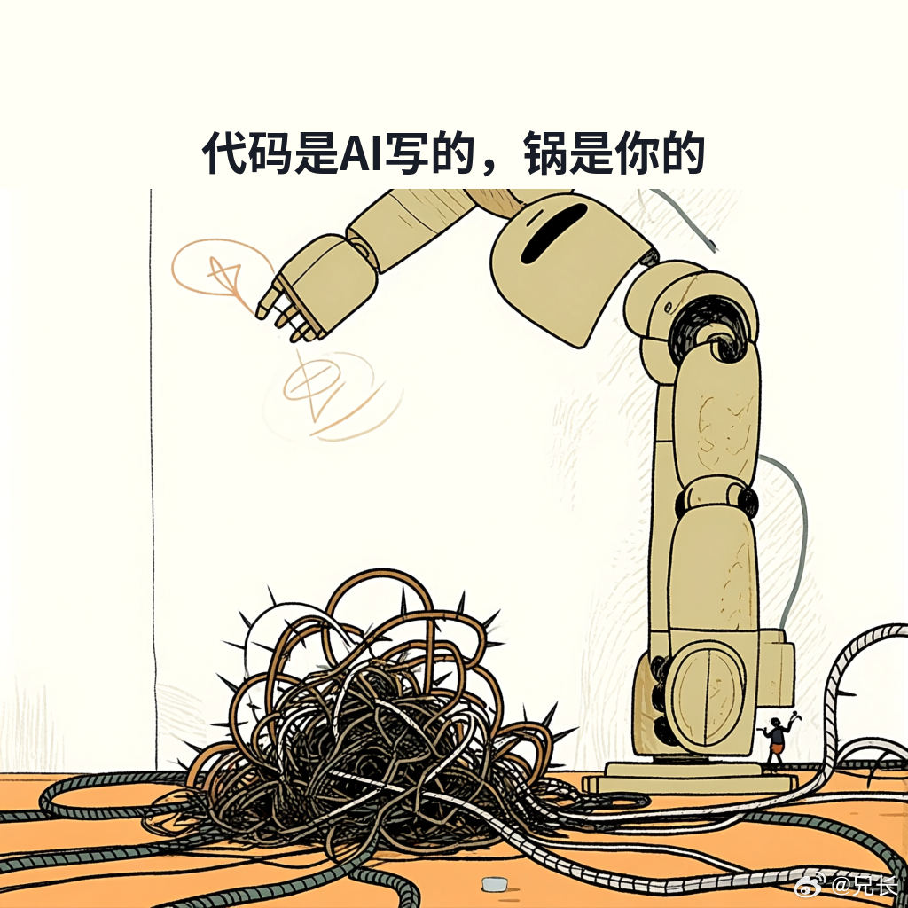 看到一篇文章，标题挺直接：AI写的代码，还是你的代码。意思就是，就算代码是AI敲的，出了问题、要维护、要迭代，责任还是落在你头上。

以前写代码，你得先搞懂逻辑才能写出来，不然老师、老板、客户那关过不去。所以写的过程本身就逼着你理解。现在AI代写，理解这步可以跳过了——让AI自己审查、自己 ​