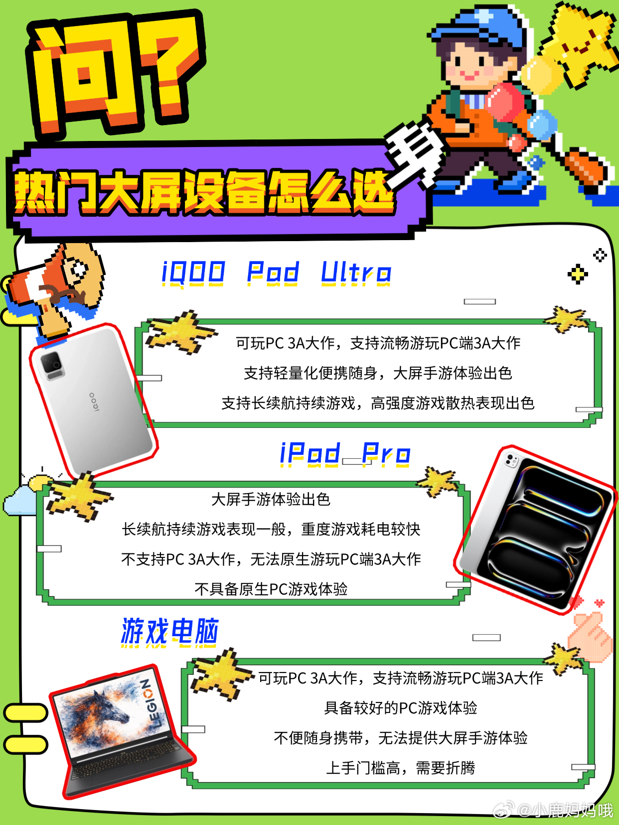 游戏大屏设备怎么选？3款热门硬件解析！
准备入手装备打游戏，但不知道选哪个形态？今天拆解 3 款热门设备，帮你选到最心仪的那一台！👇

💻 游戏笔记本｜桌面画质代表
●体验：画质细节与性能无可挑剔，屏幕超大。
●解析：适合坐在桌前专注输出。不过设备笨重且依赖电源，想趴在床上或窝在沙发上 ​