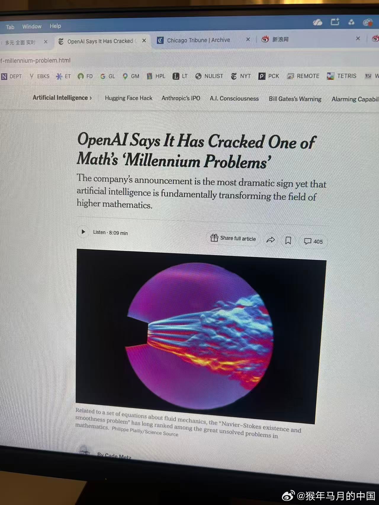 今天纽约时报登文宣布 OpenAI 已经解决了数学上最难的问题之一，Navier‑Stokes 方程的解。这是克莱研究所七个千禧数学问题之一，该难题已经悬而未决长达90年，破解它能够帮助人类理解流体运动的底层规律。这对航空仿真和气象预报等领域有着重大的现实意义。

目前数学界最大的悬案就是ABC猜想的证明， ​