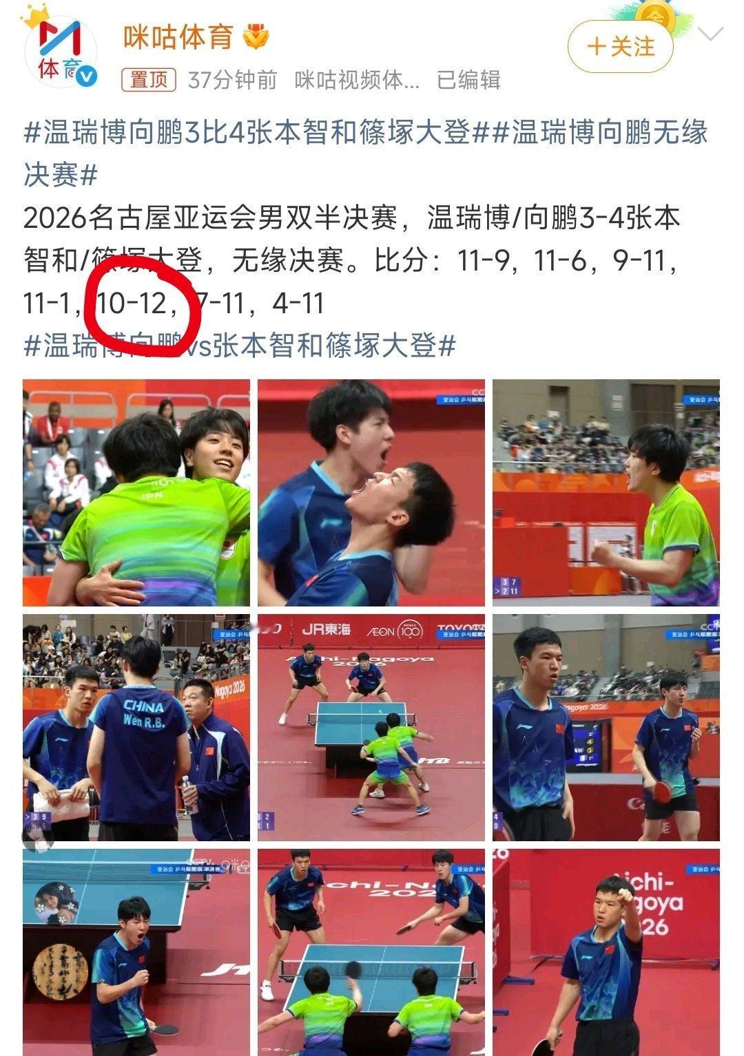 温瑞博向鹏vs张本智和筱冢大登侯英超目睹9比3遭逆转愤然离场 唉，关键局啊。再赢俩球打卡下班，结果崩了。。可惜了。  ​​​