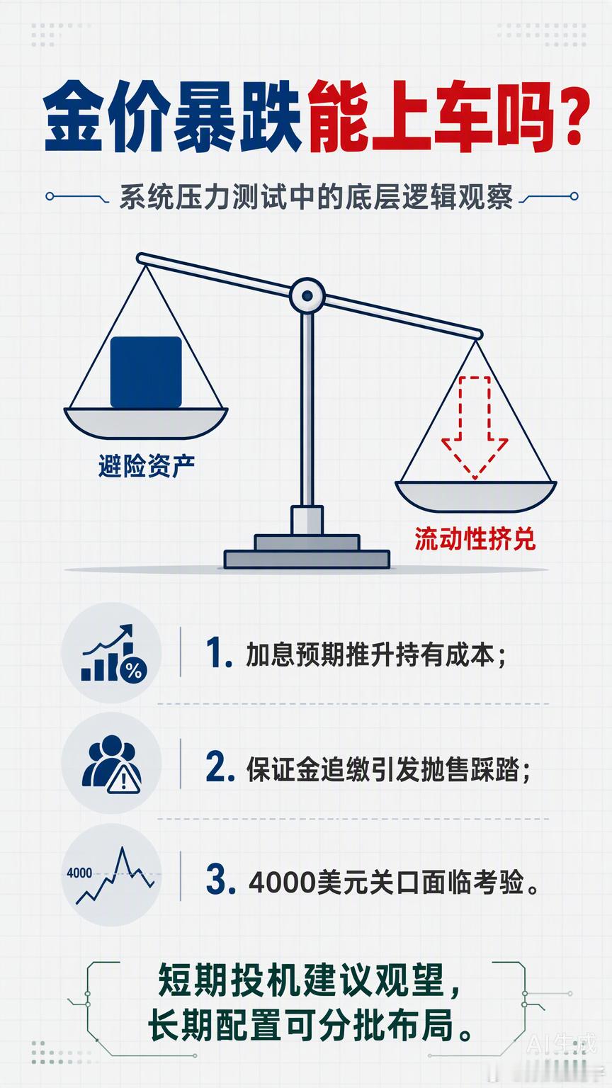 谁懂这种在“避险资产”的底层协议里突然迎来“流动性挤兑”的宿命感。

金价这波暴跌，看着是行情崩盘，实则像极了咱们给一套高精密系统设置了严苛的运行边界，结果后台进程突然遭遇了无法预料的物理冲击。在那种油价推升加息预期、全球科技股抛售引发追缴保证金的拉锯期里，其实是在积攒一股对市场韧 ​