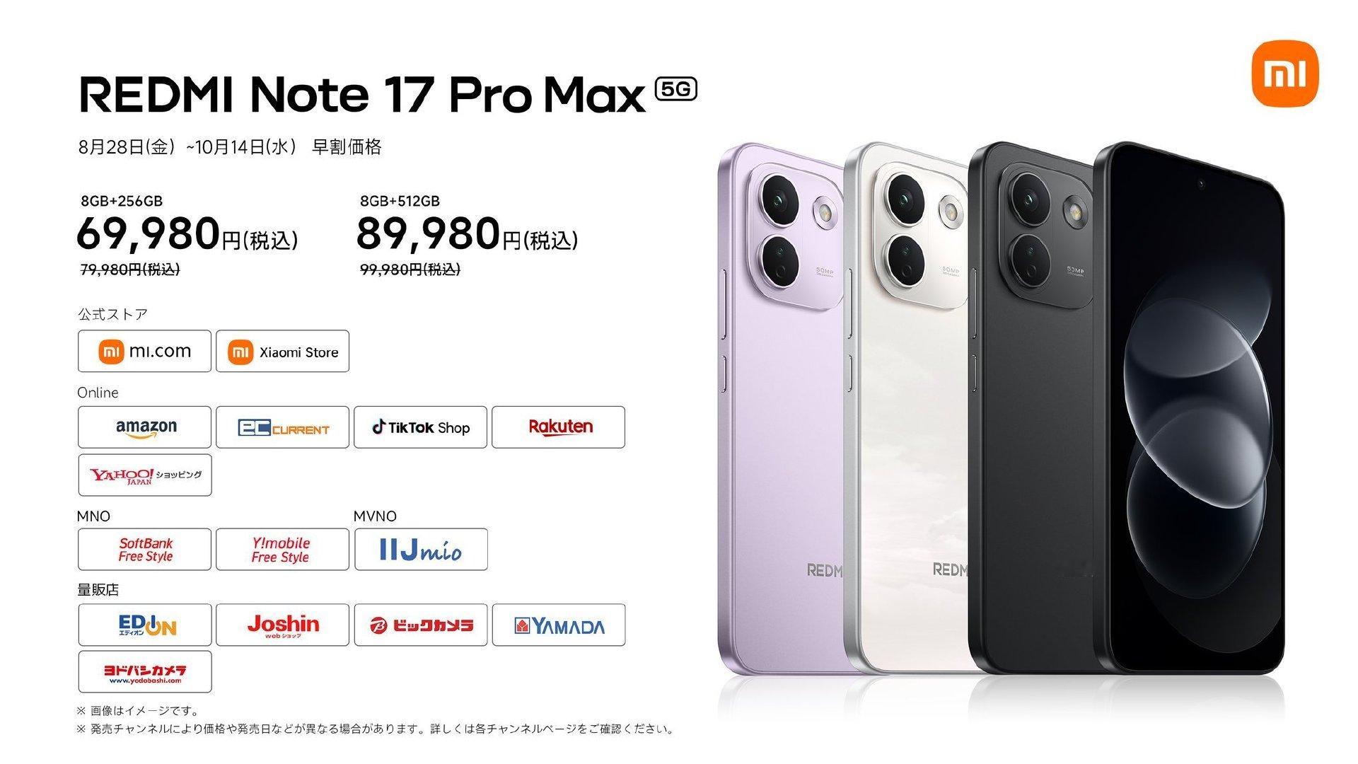 REDMI Note17 Pro Max在日本上市，10000mAh巨大电池+100W快充，支持3米抗摔和IP68防水，光致变色后盖（云白色→粉橙色），骁龙6 Gen5处理器，厚8.57mm/重229.5g。

售价方面：
•8+256G 7万日元，约合2952
•8+512G 9万日元，约合3795

给日本人一点万级电池的大震撼~[流鼻血] ​
