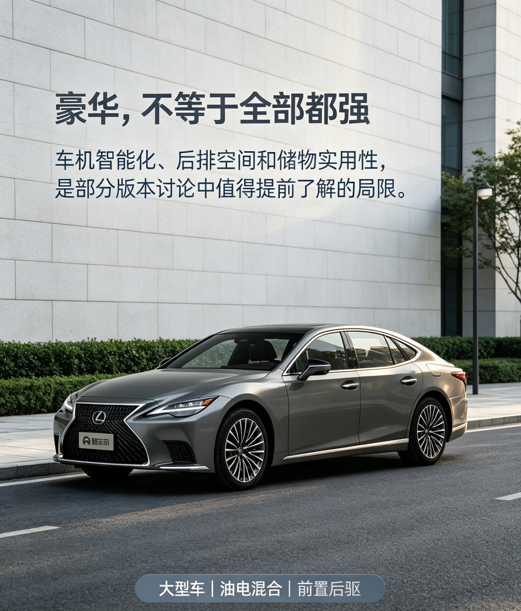 雷克萨斯LS是一台低调取向的大型豪华轿车。它的优势更多集中在温润内敛的豪华氛围、混动系统平顺性和长期使用的稳定感上。但从部分讨论看，它并非没有妥协：车机智能化偏慢，后排空间和后备箱表现不如加长级对手，储物实用性也受到车身造型与电池布局影响。如果追求科技体验、行政空间或装载效率，它不一定是首选。【来自