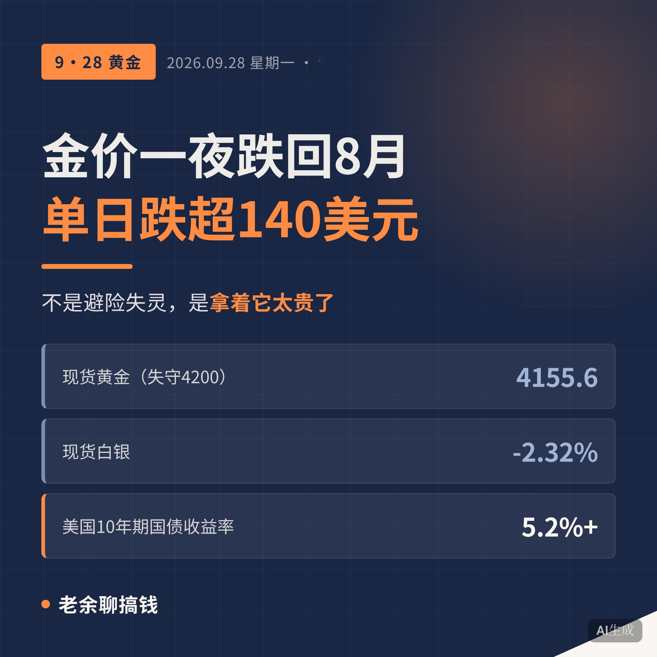 今天黄金是真跌了。伦敦现货黄金一天跌超140美元，最低摸到4145美元，日内最大跌幅3.25%，4200美元关口直接失守，是8月以来最低。白银更惨，跌2.32%。A股这边贵金属板块集体趴下，山东黄金跌停。

为什么跌？说复杂能写一万字，说简单就一句话：拿着黄金太不划算了。

黄金这东西不生利息。你买