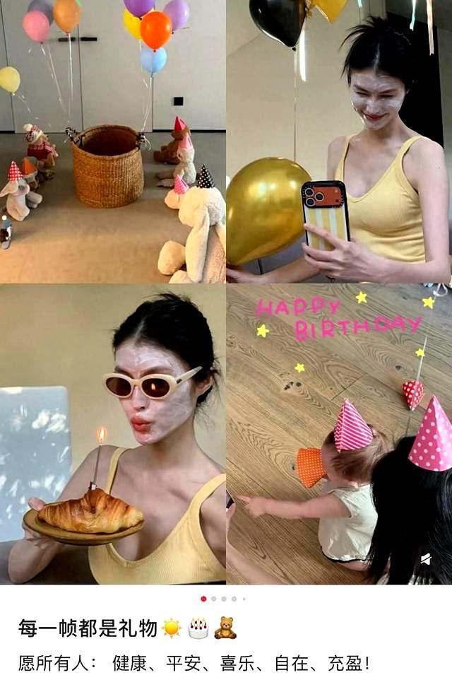 37岁何穗素颜过生日，穿吊带裙腰身瘦又细，1岁win头发顺滑像洋娃娃 ​