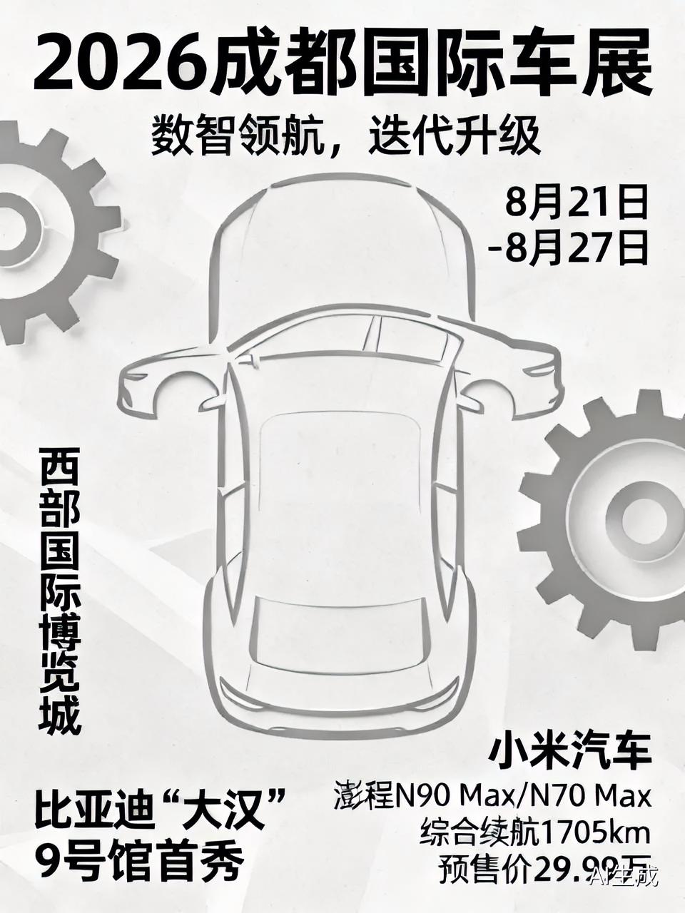 2026成都国际车展 数智领航，迭代升级。爱车族人，圆梦车展:2026年8月21日，第二十九届成都国际汽车展览会在西部国际博览城开幕。作为下半年国内首场A级车展，这里堪称新车的盛宴。比亚迪“大汉”在9号馆首秀，补齐王朝网高端轿车矩阵。小米汽车携纯电与增程双产品线，发布澎程N90 Max / N70