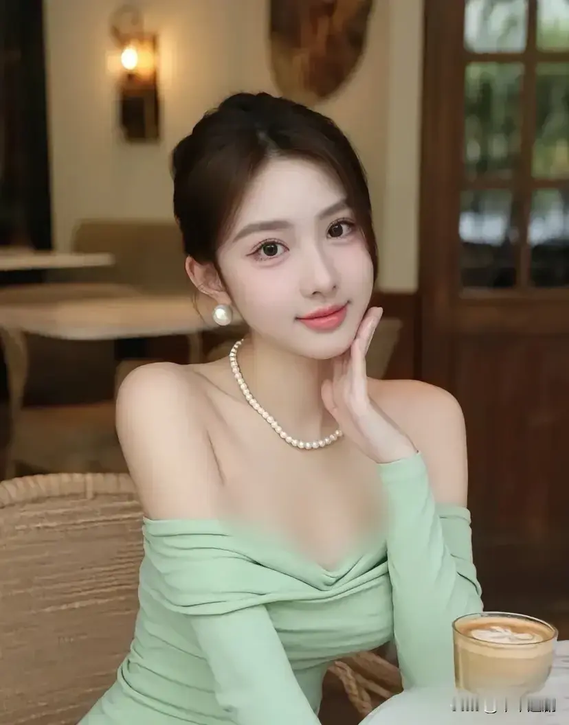 浅绿露肩裙衬着温柔，珍珠项链与耳饰添了精致，她托腮望来，把咖啡馆的闲适...