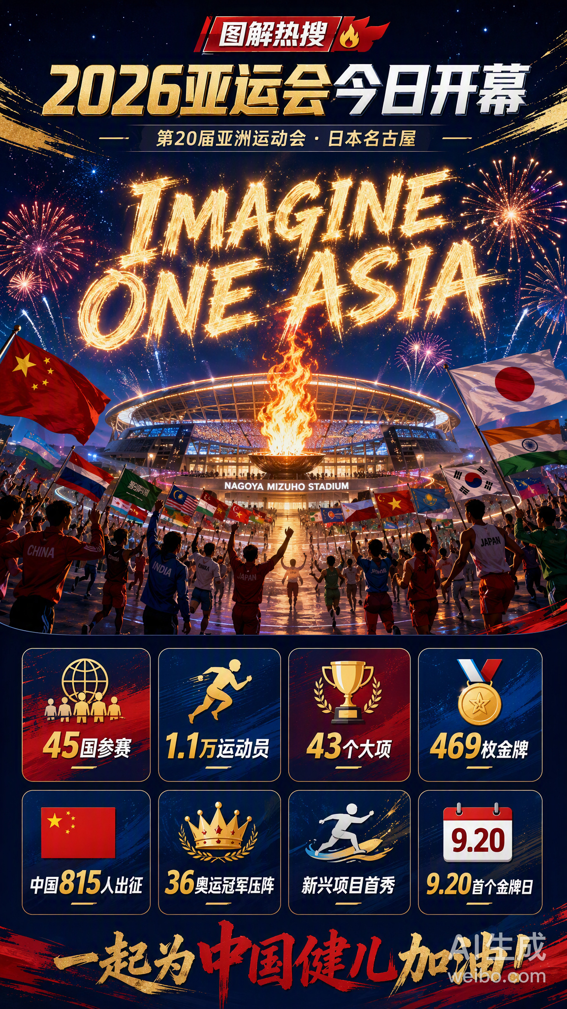 #2026亚运会今天开幕# 🏆 第20届亚洲运动会今晚在日本名古屋瑞穗体育场正式开幕！

时隔32年，日本再度承办亚运会。本届赛事口号是「IMAGINE ONE ASIA（在这里，成为一体）」，亚洲45个国家和地区约1.1万名运动员齐聚赛场，共赴这场亚洲体育盛会。

几个值得关注的信息：
· 中国代表团815名运动员出 ​