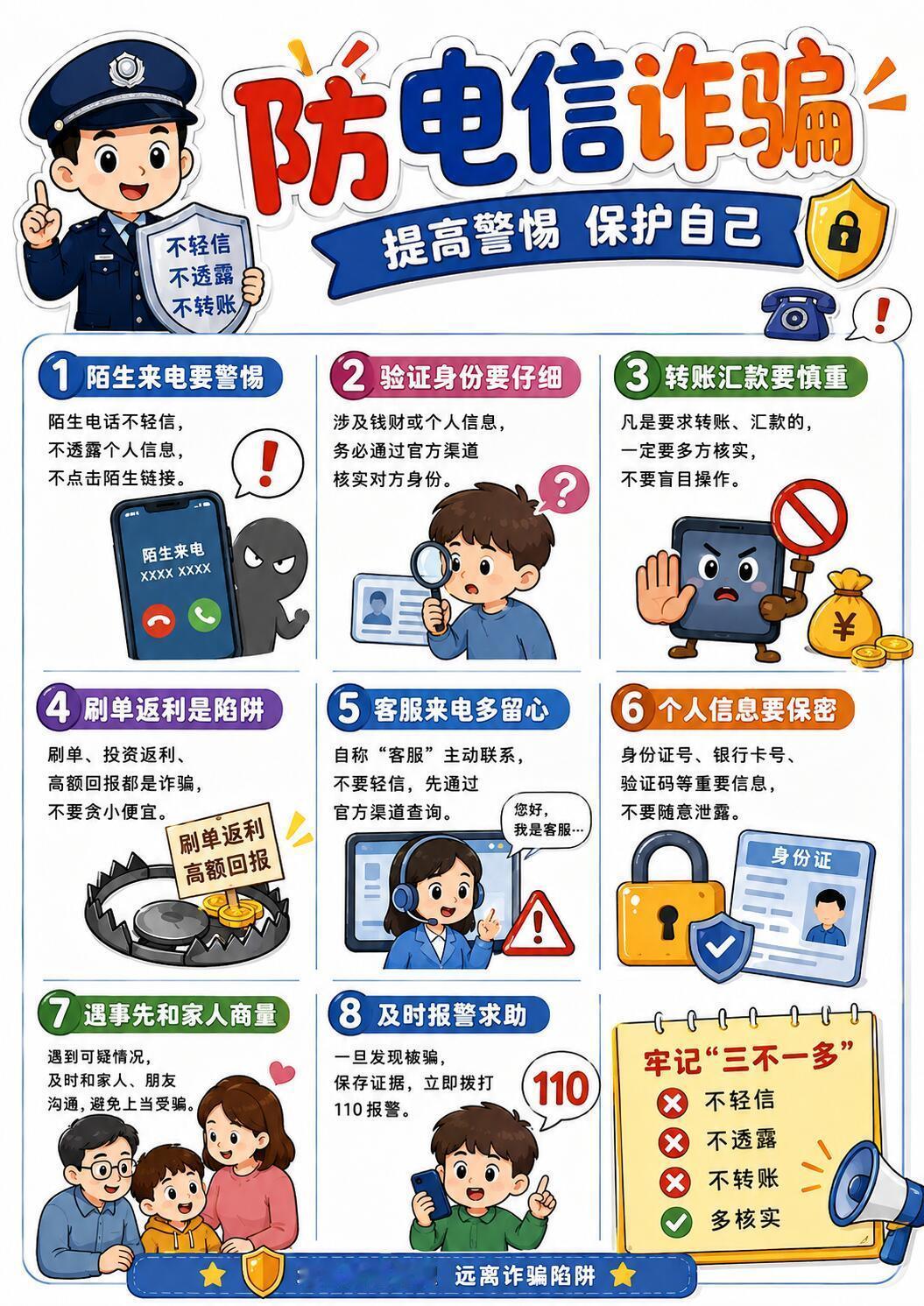 防电信诈骗安全教育！！！牢记“三不”：不轻信、不透露、不转账！提高警惕，远离诈骗！#闲鱼协助警方抓获40余名涉诈人员##闲鱼向警方移送近百条反诈线索# ​