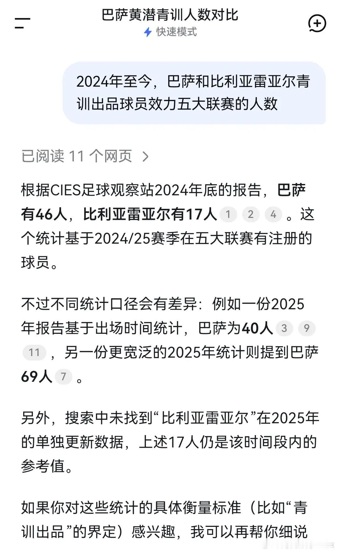 从DeepSeek搜索的看，2024年至今，拉玛西亚（巴萨青训）和比利亚雷亚尔青训出品踢五大联赛的球员是46人和17人，当然，还有更高的数据，这些，做个参考吧，反正不少。

这个时间段，中国的各级职业俱乐部梯队的数据，是1——武磊。

那么，放大到从2010年开始，至今16年，中国的这个数字是3——除了武磊 ​