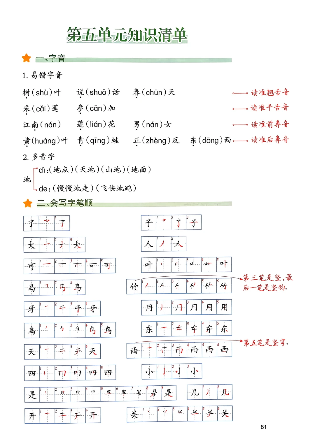 一年级上册语文｜五单元知识清单 复习清单
