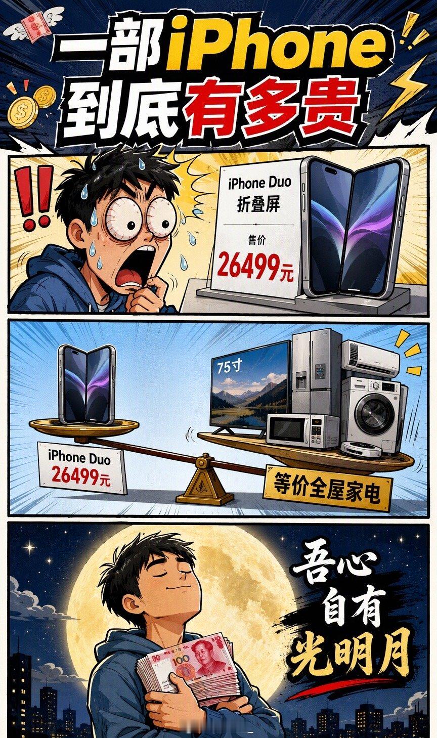 一部手机卖到两万六，这事儿本身就挺荒诞的。

苹果这次是彻底把“奢侈品”的标签贴稳了。iPhone 18 Pro起步就破万，那个折叠屏Duo更是直接干到了26499元。网友换算得挺有意思，说这钱够买齐全屋家电，或者换成大米够吃一辈子。听着夸张，但仔细想想，这不就是现在的消费现实吗？

我们讨论它贵，其实 ​