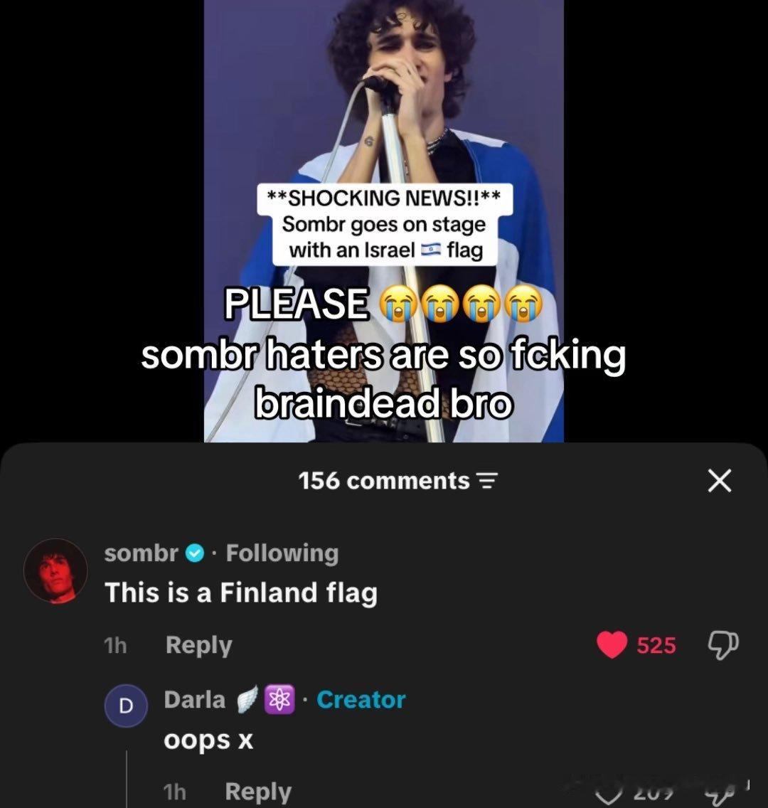 我的地理be like： 歌手sombr在演出时身披芬兰国旗，被国外网...