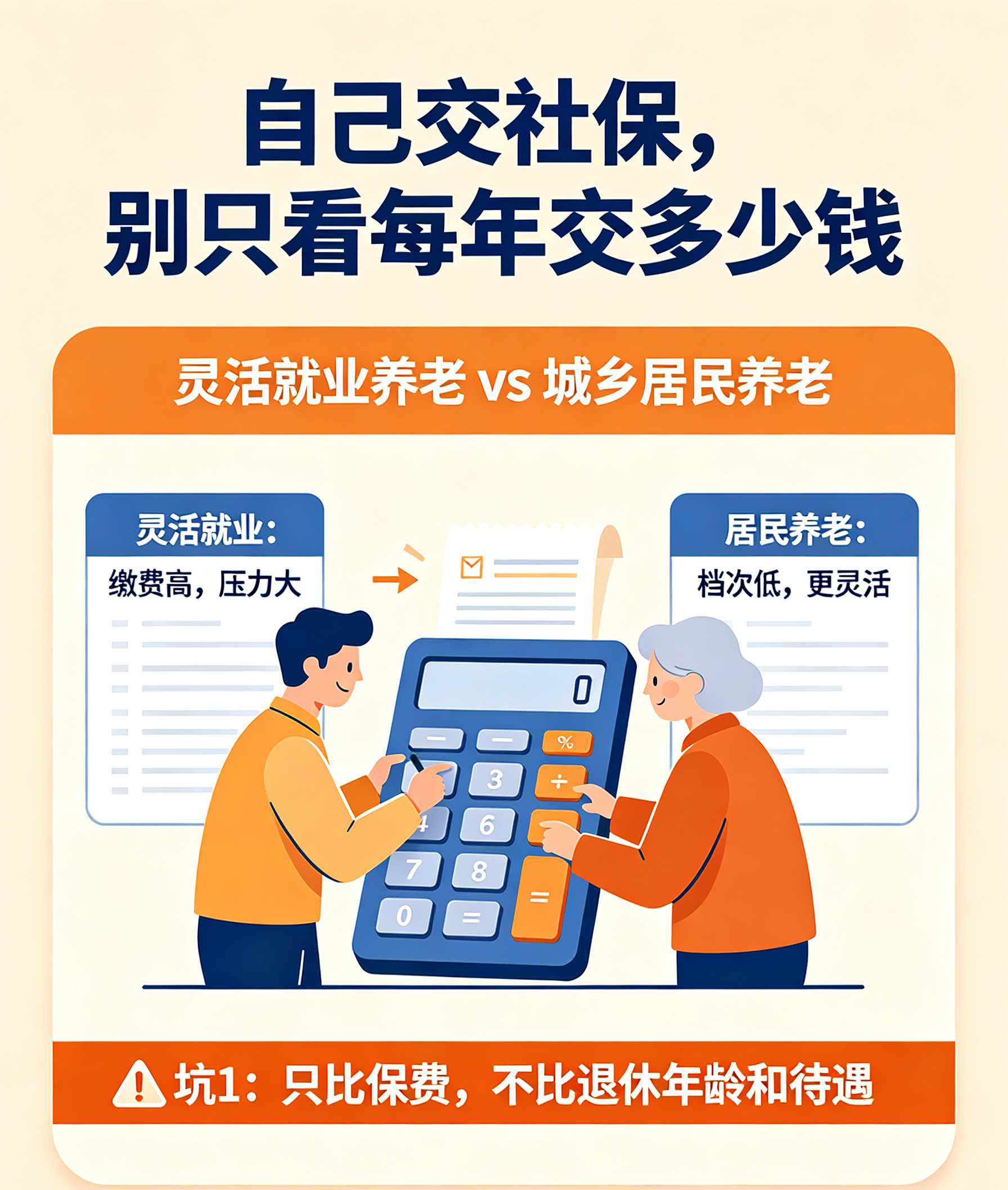 自己交养老保险，选灵活就业还是城乡居民养老？一文讲清楚
 
很多自己交社保的朋友，一上来就踩大坑！以为交得多，到老拿得多，一股脑选灵活就业；还有人觉得居民养老便宜，随便交一档就行。其实不是贵的就好，便宜的就差，选错了，白白亏掉好几年钱！
 
今天跟大家说4个普通人最容易忽略的坑，一定要记牢。
 
第