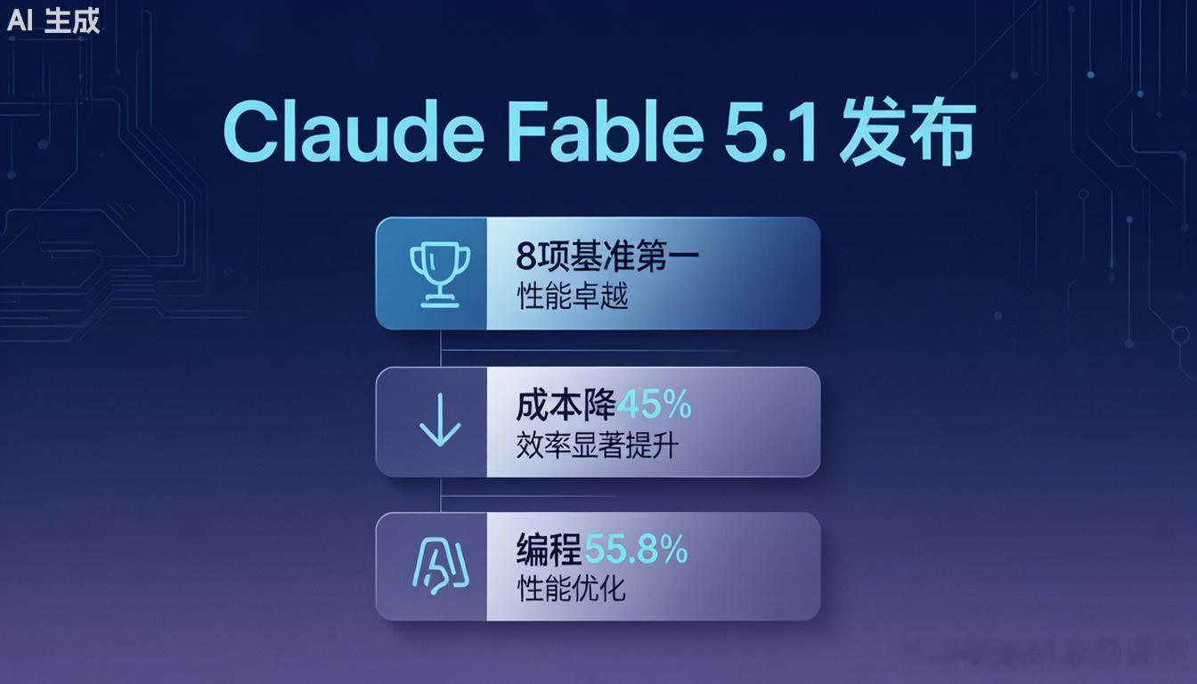 刚发布！Anthropic昨夜突袭上新：新旗舰 Claude Fable 5.1，8项基准测试全部第一，直接屠榜

✅ 编程能力暴涨：Terminal-Bench拿55.8%，把GPT-5.6 Sol（37.3%）甩开一个身位
✅ 科研能力翻倍：52.6%，是上一代24.7%的两倍还多
✅ 成本大降：缓存读取降价75%，典型任务省25%，复杂Agent任务最高省45%
✅ ​