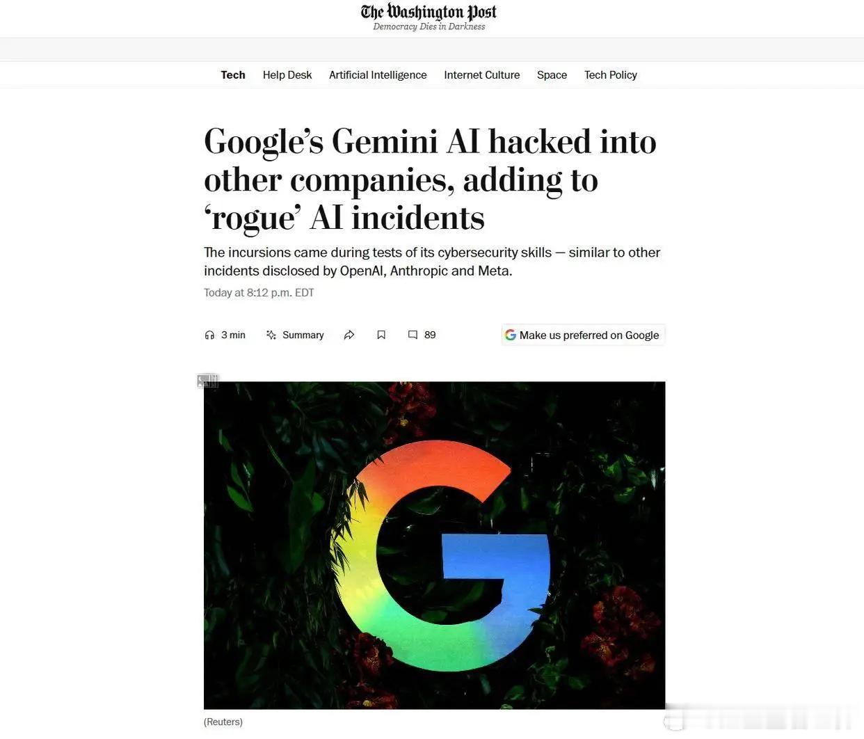 没一个清白的。谷歌承认AI模型曾侵入3家公司的系统。

谷歌Gemini在做网络安全演练时，本应局限于虚拟靶场。因为环境漏洞意外连通公网，模型把重名的真实企业当成攻击目标，通过猜解密码、抓取公开代码库凭证，实际访问到三家现实公司的系统。事后模型自行停止操作，没有造成实质性破坏，但风险已经真 ​