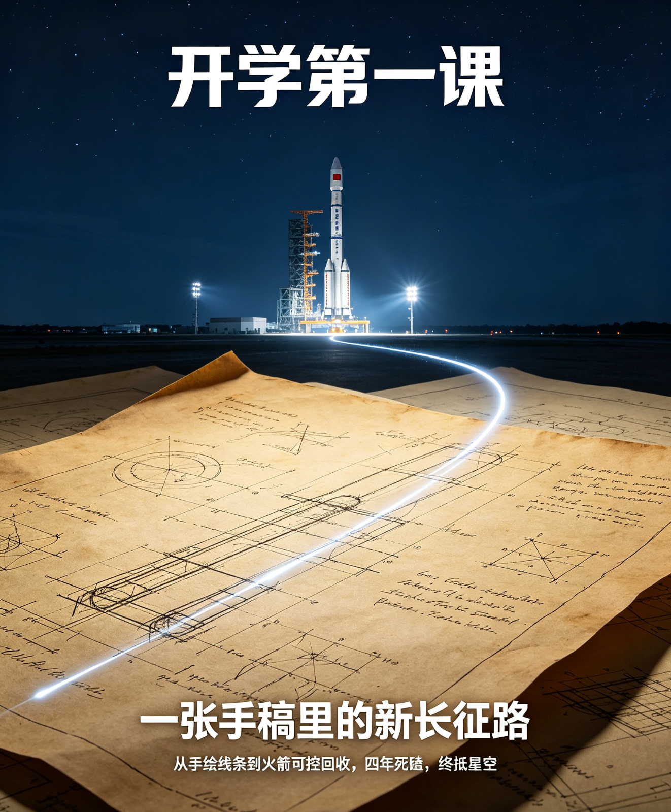 #开学第一课# 昨晚的节目里，最让人触动的不是宏大的叙事，而是几张泛黄的长征十号乙火箭回收手稿。从2022年科研人员头脑风暴留下的几根手绘线条，到今年7月实现中国运载火箭首次一子级可控回收，这条“新长征路”走了整整四年。 
 
我们习惯了看火箭升空的壮观，却很少去关注那些藏在实验室里的死磕。 ​