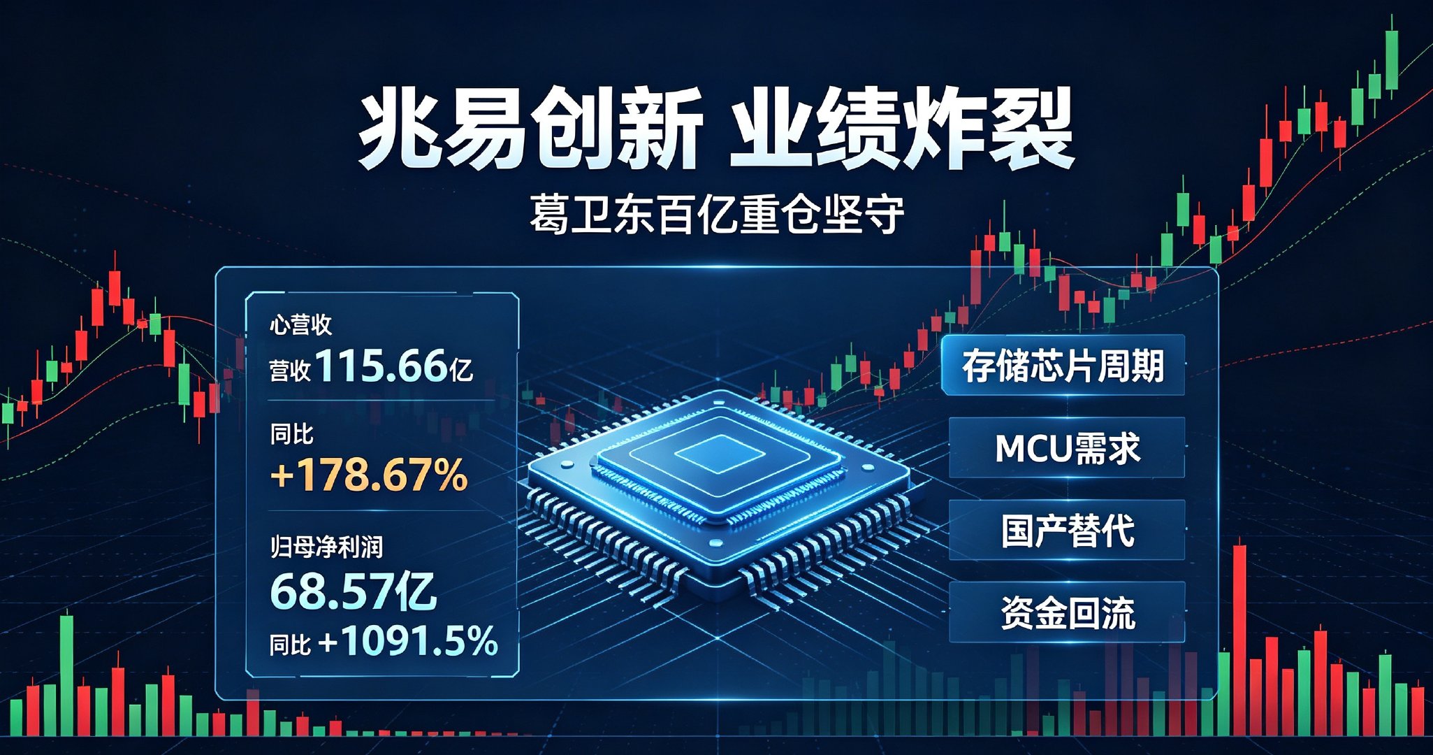 兆易创新业绩炸裂！葛卫东百亿重仓坚守

8月18日晚间兆易创新发布半年报，业绩直接超预期大爆发！上半年营收115.66亿，同比暴增178.67%；归母净利润68.57亿，同比暴涨超10倍，扣非净利同比接近8倍增长，实打实的业绩兑现，没有水分。

业绩暴涨核心逻辑就是存储芯片超级周期，行业供需紧张，产品量价齐 ​