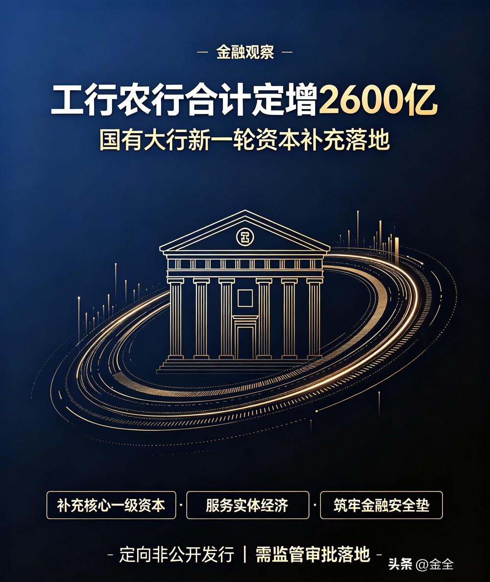 工行农行合计定增2600亿

工行、农行同步披露定增预案，两家合计募资不超2600亿元，资金全部用于补充核心一级资本，由财政部、中国烟草等主体认购，不对普通股民开放。

此举夯实国有大行资本实力，提升风险抵御能力，也将进一步拓宽信贷投放空间，更好服务实体经济发展。

工商银行 农业银行