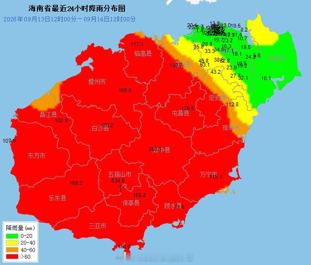 #海南暴雨#【五指山极端特大暴雨】过去一天，海南中部和南部遭遇大暴雨和特大暴雨，其中，海南五指山叠加有地形抬升，24小时降水量达到了非常极端的634.6毫米，超级恐怖和极端的特大暴雨！雷达看，对流云团还在持续影响海南，强降雨（包括五指山）还在持续中，需高度警惕！#气象观察团# ​