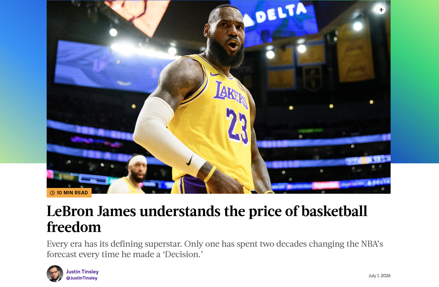 ESPN旗下媒体ANDSCAPE发布长文，名为《勒布朗·詹姆斯，读懂篮...