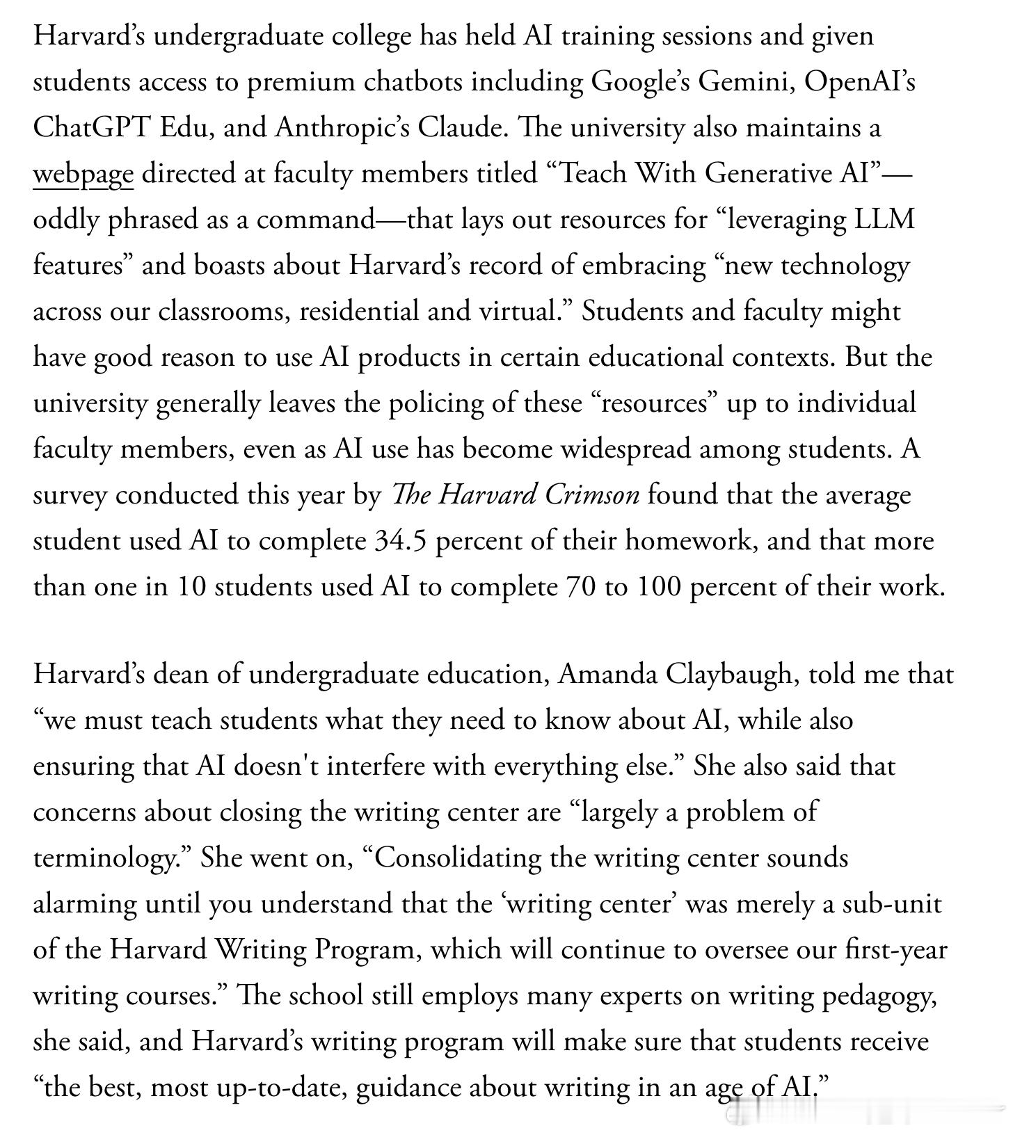 The Atlantic的文章，为什么哈佛关闭写作中心值得关注Why the Closing of Harvard’s Writing Center Matters

作者：泰勒·奥斯汀·哈珀

大学里并不是每天都会出现这样的场景：一名大学行政人员被解雇，却引发学生、教师和校友如潮的批评。但简·罗森茨韦格并非普通的大学行政人员，她所负责的也不是一 ​