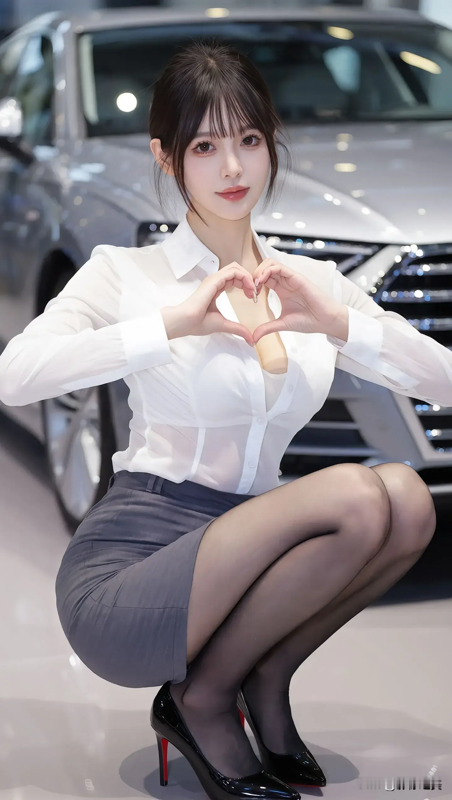 车展上超甜的小姐姐❤️ 白衬衫+灰裙+红底细高跟，比心超有感染力，车和...
