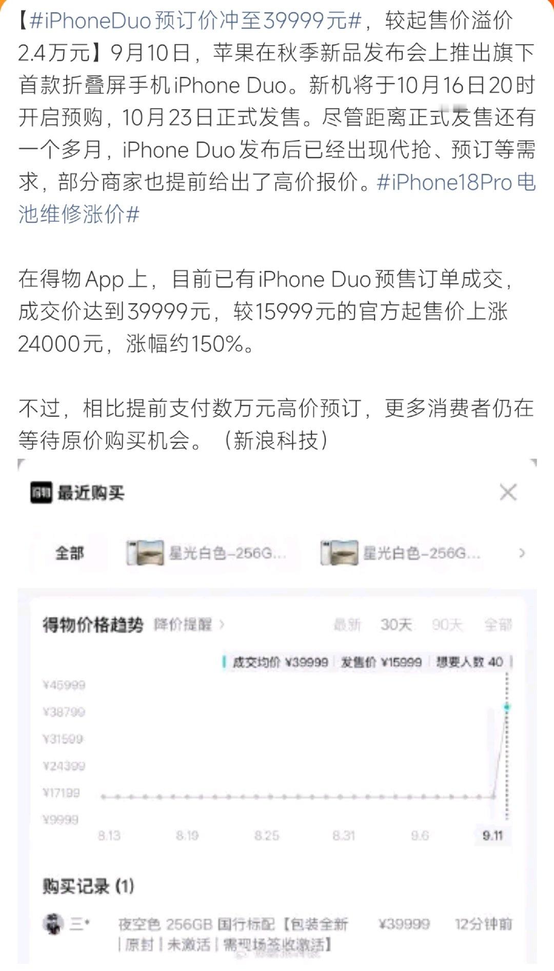 #iPhoneDuo预订价冲至39999元#苹果首款折叠屏iPhone Duo官方起售价15999元，首发货源紧张，黄牛预售订单直接冲到39999元，一单溢价2.4万，涨幅高达150%。还有订单卖到49999元，初代折叠机一机难求，首发炒作行情直接拉满。 ​
