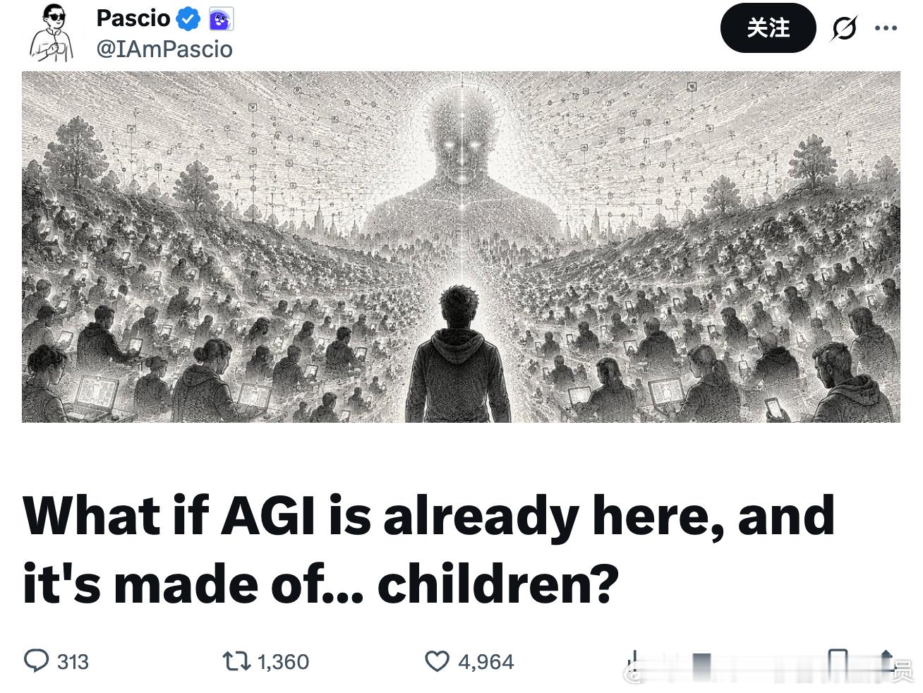 如果 AGI 已经来了，只是我们认错了它的样子？

最近读到一篇很有意思的文章，作者叫 Pascio，他提了一个让人后背发凉的想法：我们一直在等的那个超级人工智能，可能已经出现了，只是长得跟我们想的完全不一样。

我们脑子里的 AGI 是什么样的？大概就是科幻电影里那种，一个超级大脑，装在某台服务器 ​