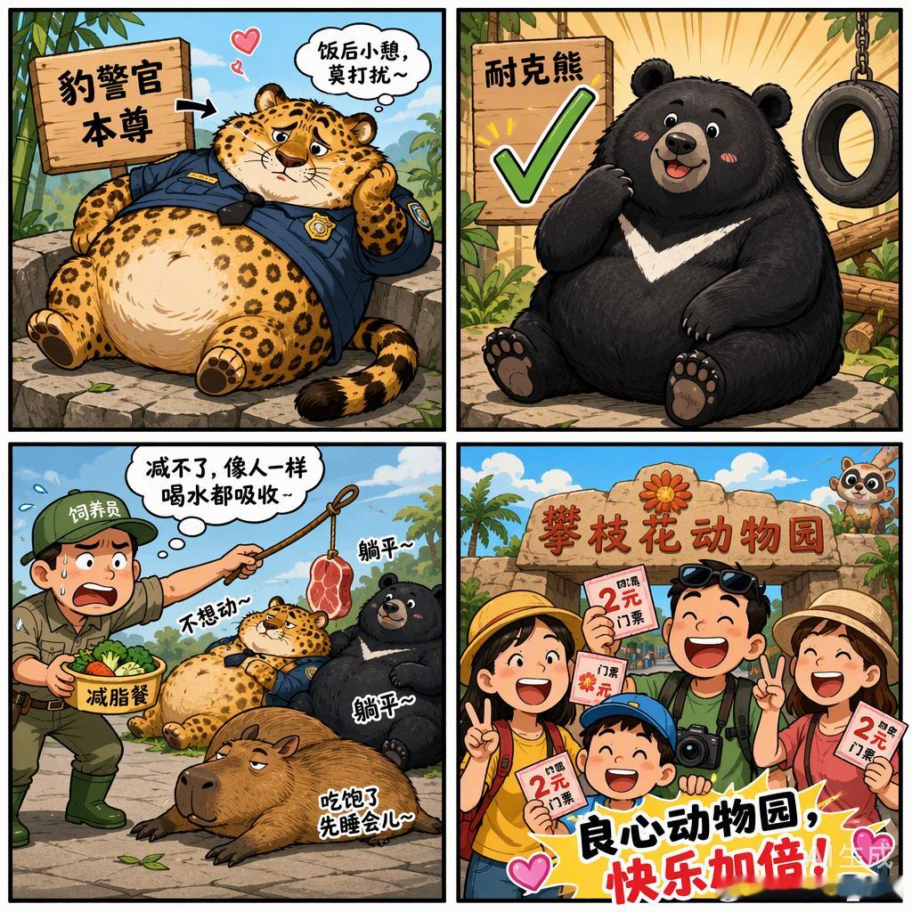 四川攀枝花动物园最近彻底火了，不是因为有什么珍稀物种，而是因为园里的动物们一个个都“肥美”得让人挪不开眼。那只被网友戏称为“豹警官”的金钱豹，圆润的身材简直是从《疯狂动物城》里直接走出来的；还有胸前自带白色“√”花纹的“耐克熊”，憨态可掬的样子圈粉无数。

园方对此也很无奈，说这些 ​