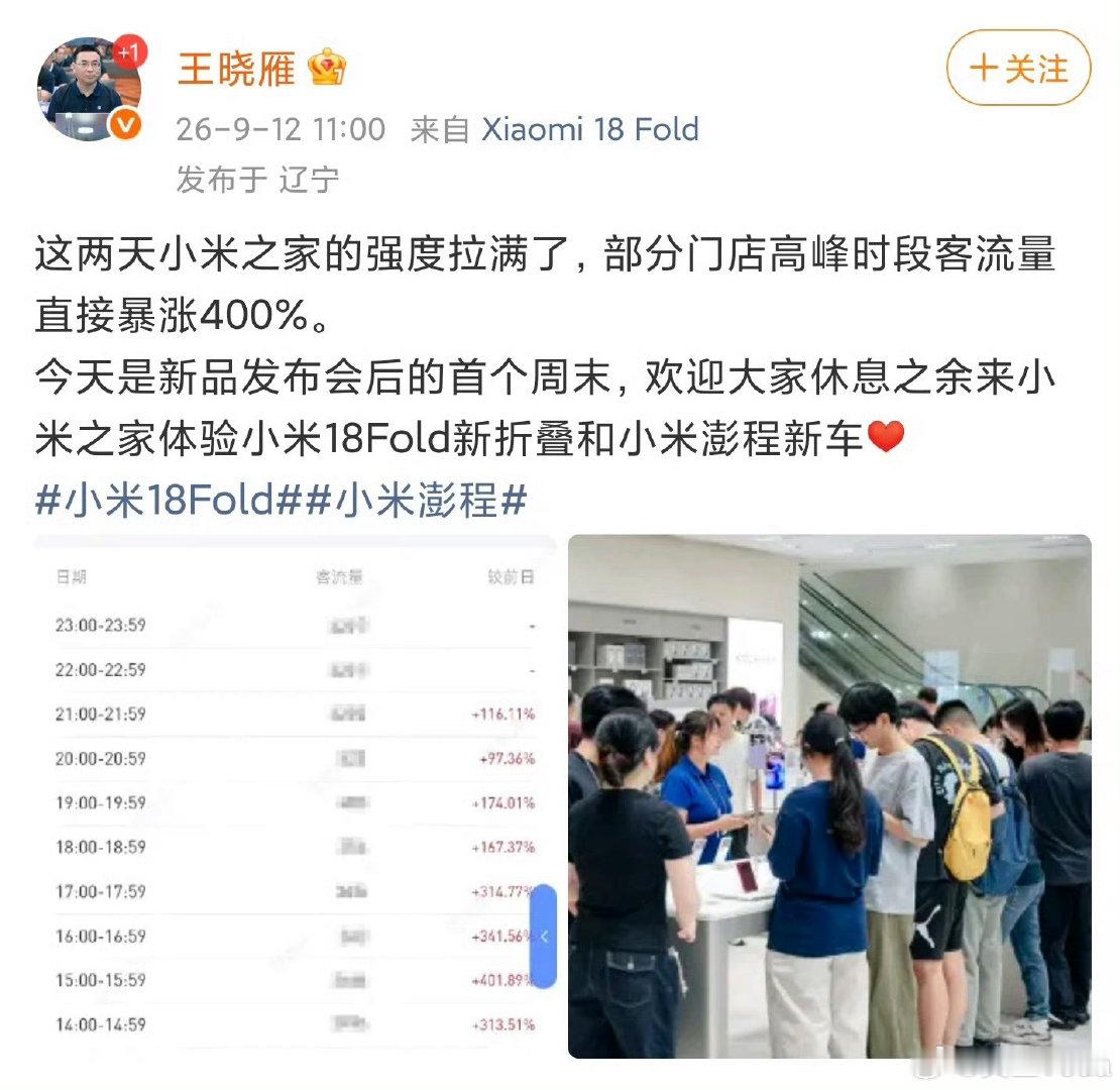 #小米高管称门店客流量暴涨400％#我昨晚就去逛了一下小米之家，人确实很多，然后旁边放的那台小米澎程有很多小孩哥在那里感受，并且非常的热情的去介绍这部车。看来他们确实很喜欢这部车。 ​