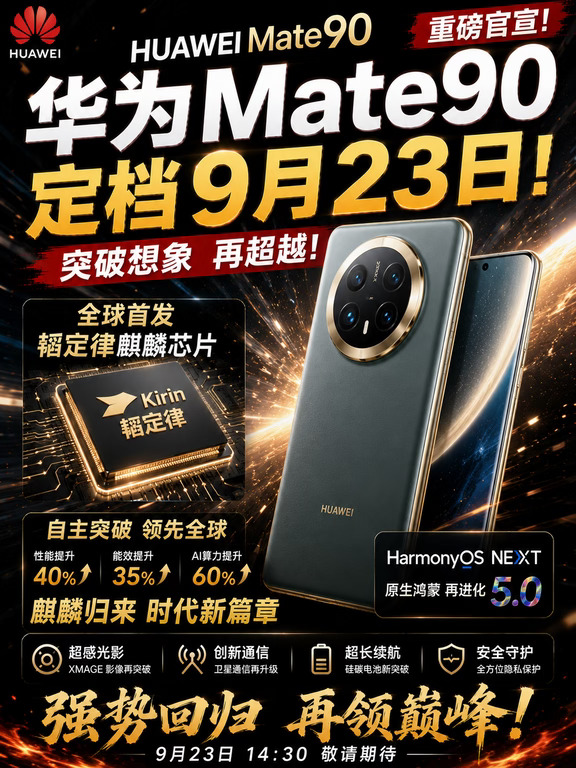 Mate90定档9月23首发韬定律麒麟芯