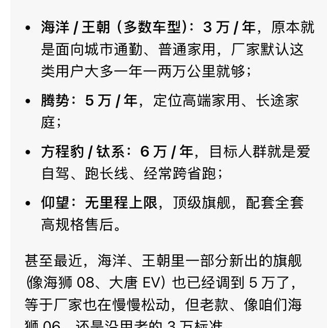 今天我才知道我们比亚迪车主也是分三六九等的，我一直以为比亚迪的电车三电终身质保都是一年不超过三万公里

买新能源车的时候，很多人都会把电池质保当成重要的参考条件。比亚迪一直以三电系统质保受到关注，可真正把相关条款仔细研究一遍才会发现，车主们口中常说的“三电终身质保”，并不意味着所有车型、所有车主都适