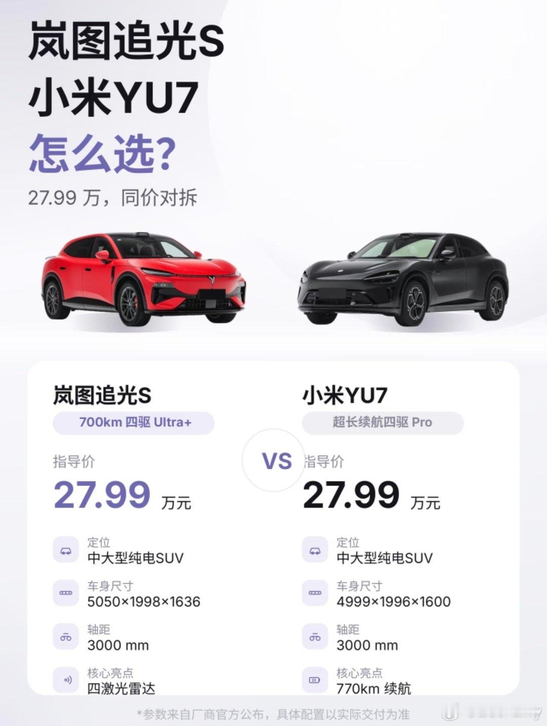 岚图追光S和小米YU7对比，都是同样的价格，你会选谁？ ​