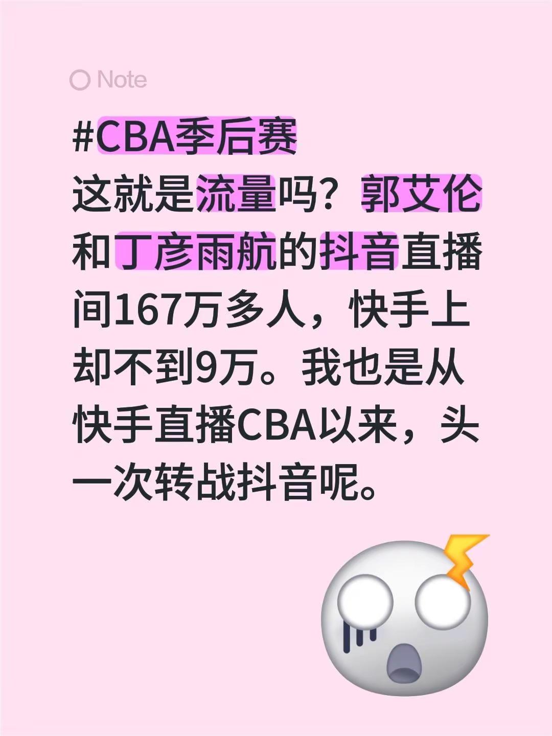 郭艾伦和丁彦雨航的直播间167万多人，快手上却不到9万。我也是从快手...