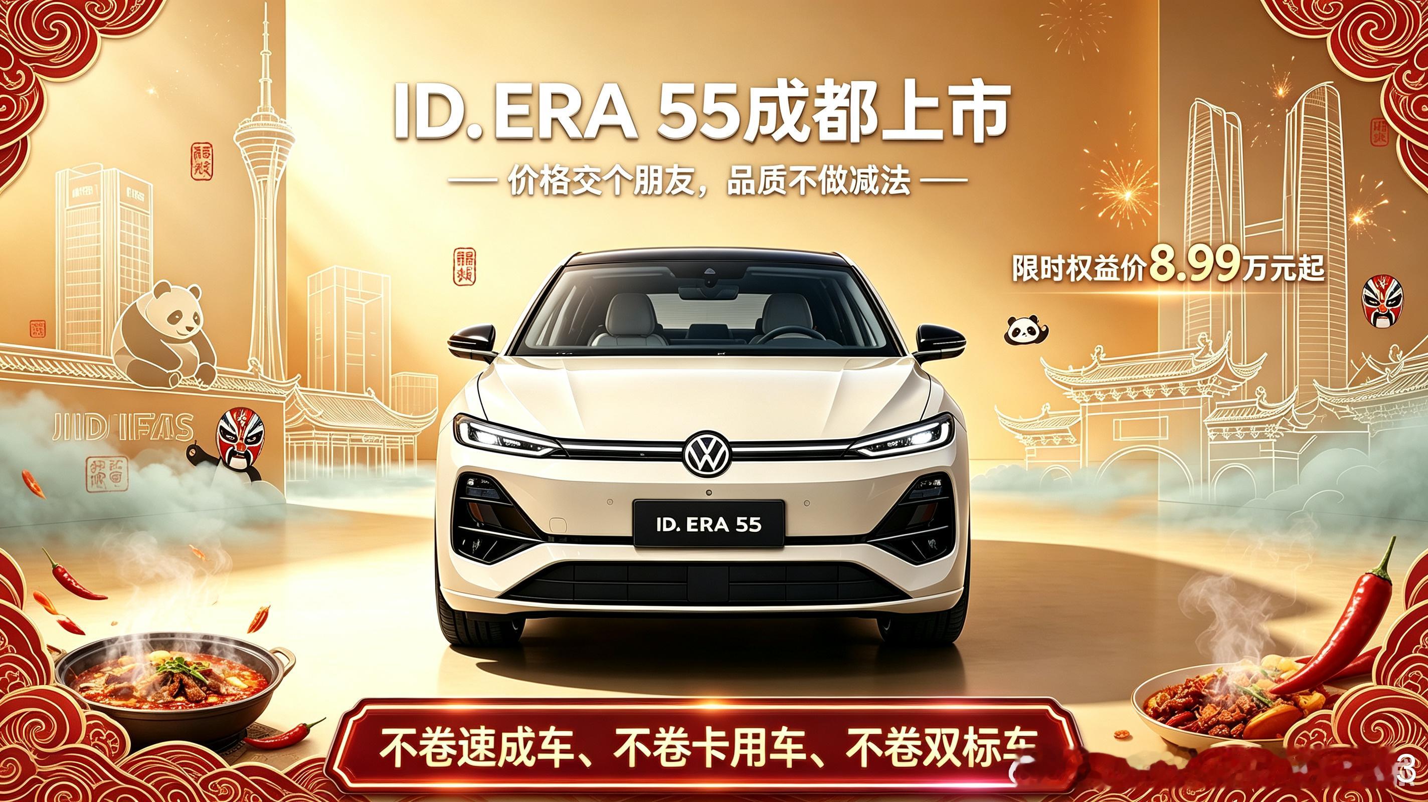 成都车展燃情上市！ID.ERA 5S限时8.99万起太巴适

 2026成都车展上汽大众ID.ERA 5S重磅登场，德系超混智能家轿车惊艳亮相！限时权益价仅8.99万元起，拥有行云智行、黄金超混硬核实力。坚持不造速成车、卡线车、双标车，油电通吃兼顾性能与品质。当德系座驾遇上成都烟火，这台家轿给我们带来十足惊喜。
 ​